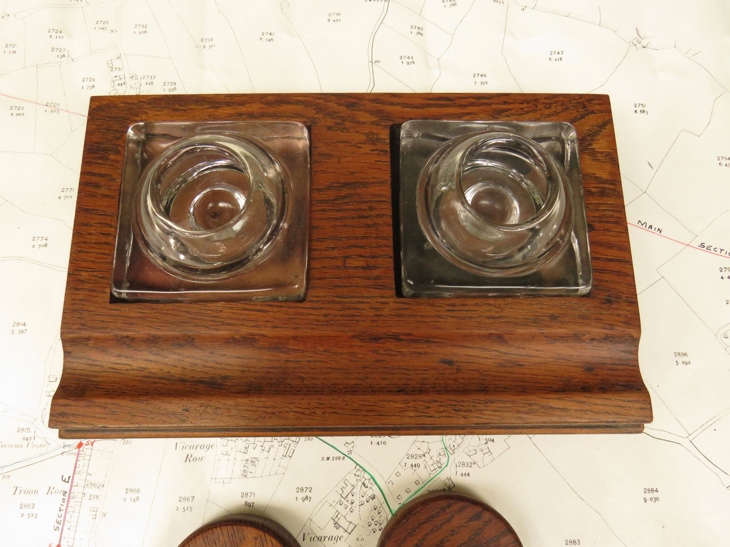 1930s Oak Ink Stand with Glass Inkwells