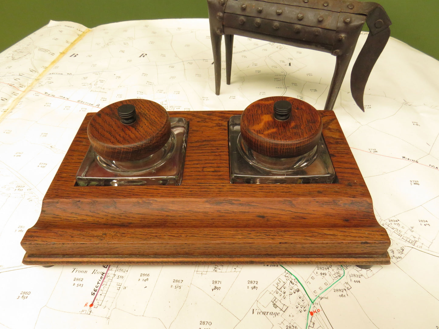 1930s Oak Ink Stand with Glass Inkwells