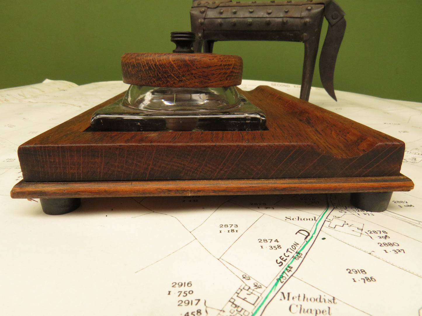 1930s Oak Ink Stand with Glass Inkwells