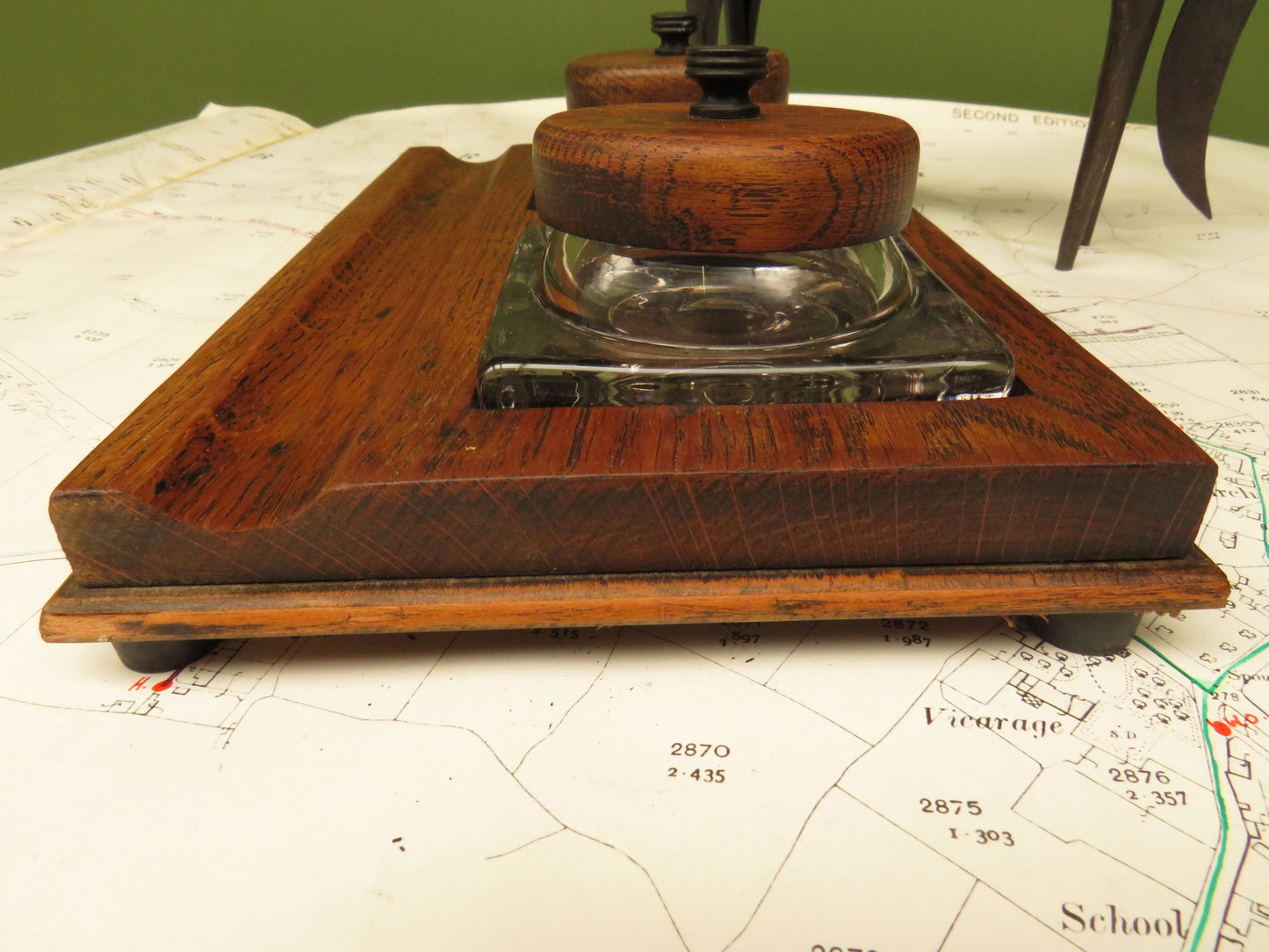 1930s Oak Ink Stand with Glass Inkwells