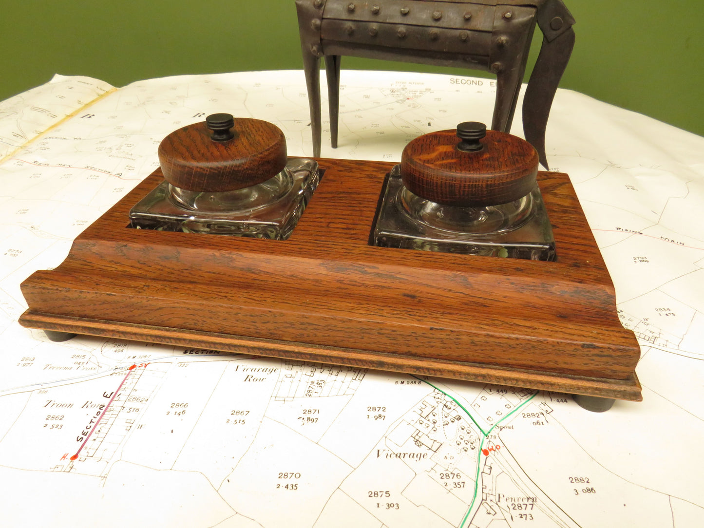 1930s Oak Ink Stand with Glass Inkwells