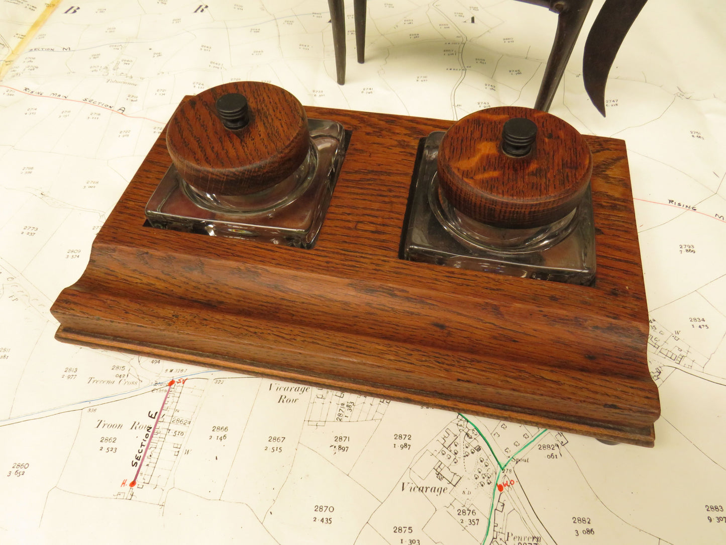 1930s Oak Ink Stand with Glass Inkwells