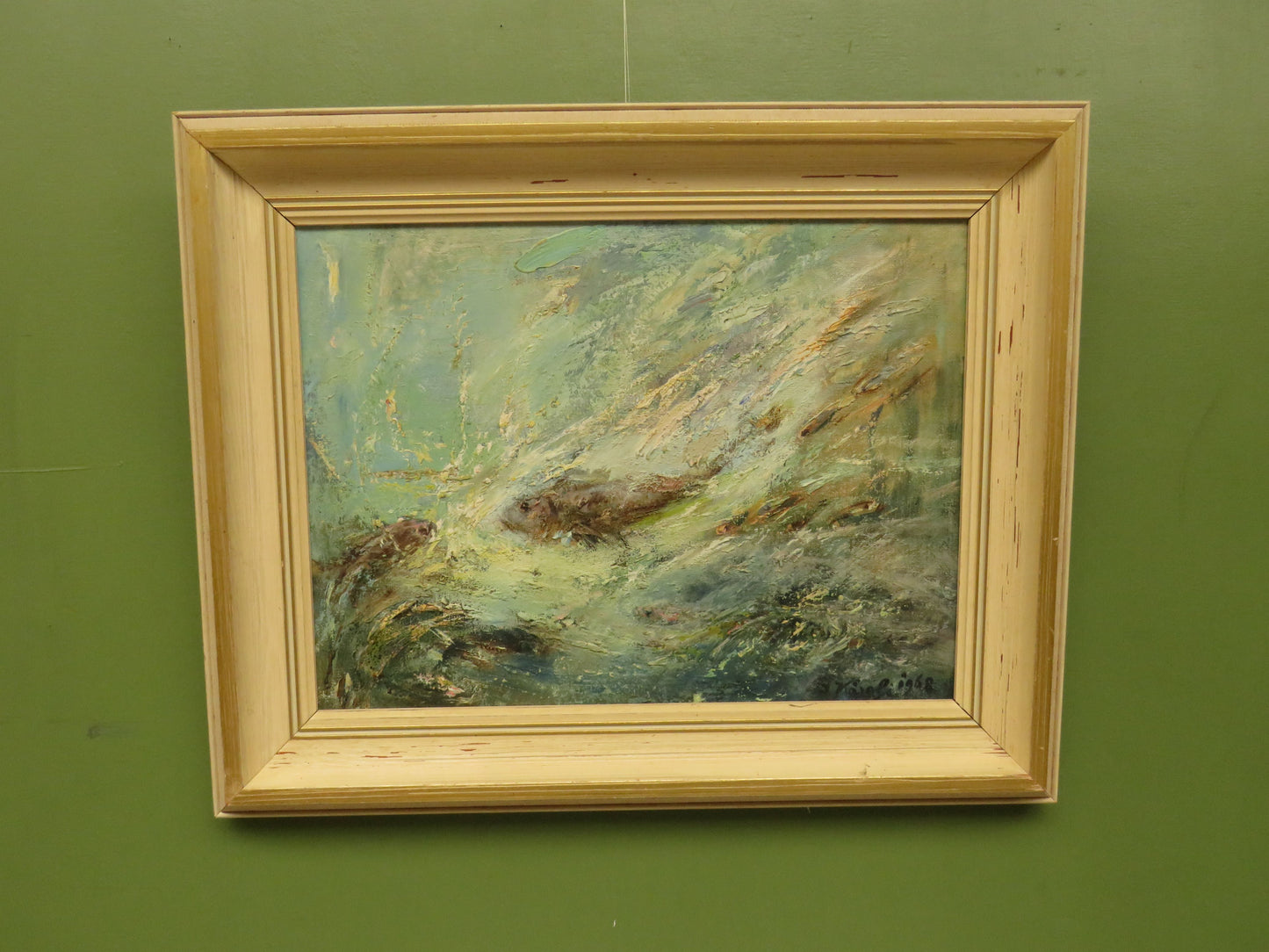 Framed oil on Board 'Fish' by Karolyi, signed and dated 1968