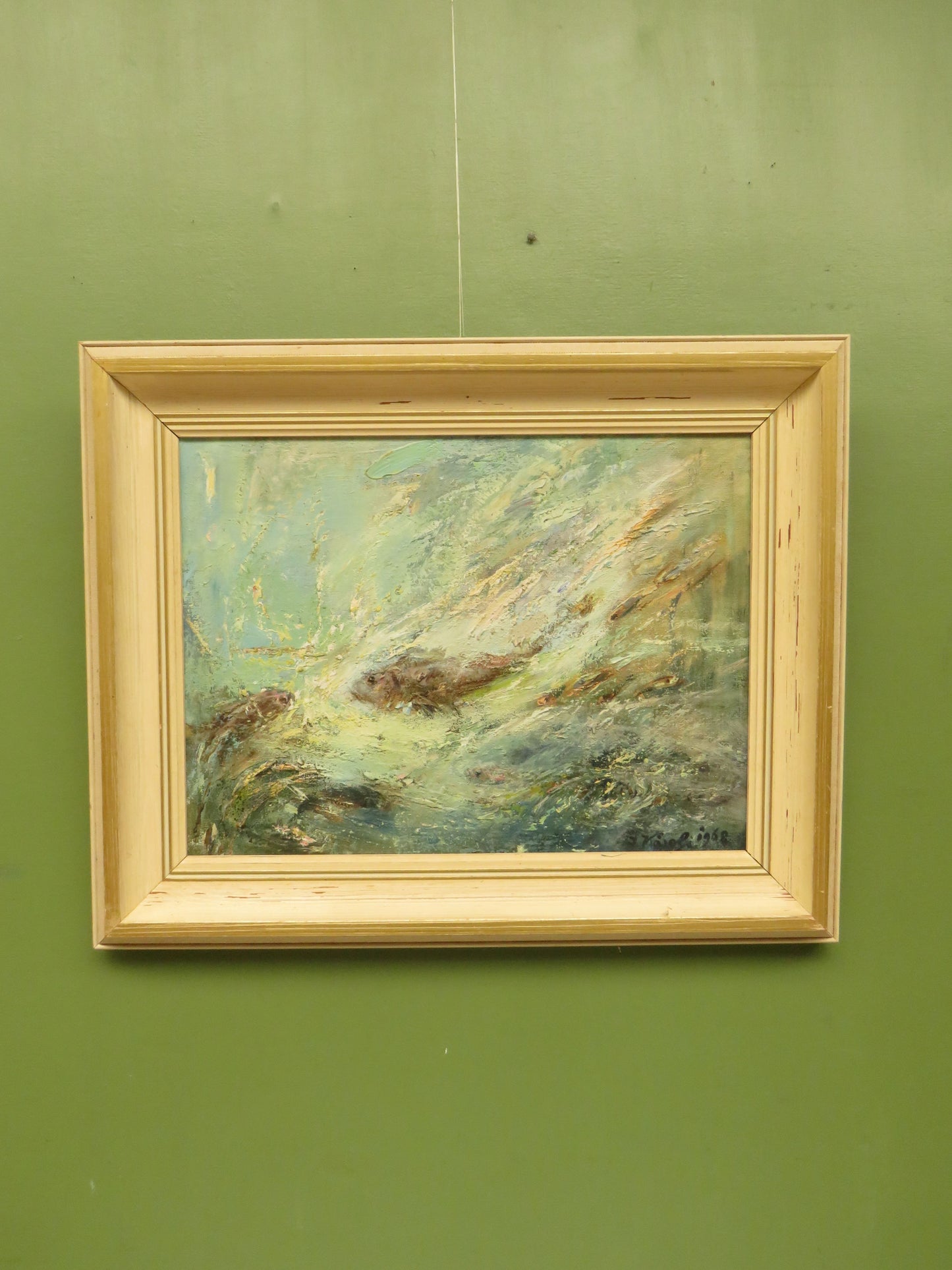 Framed oil on Board 'Fish' by Karolyi, signed and dated 1968