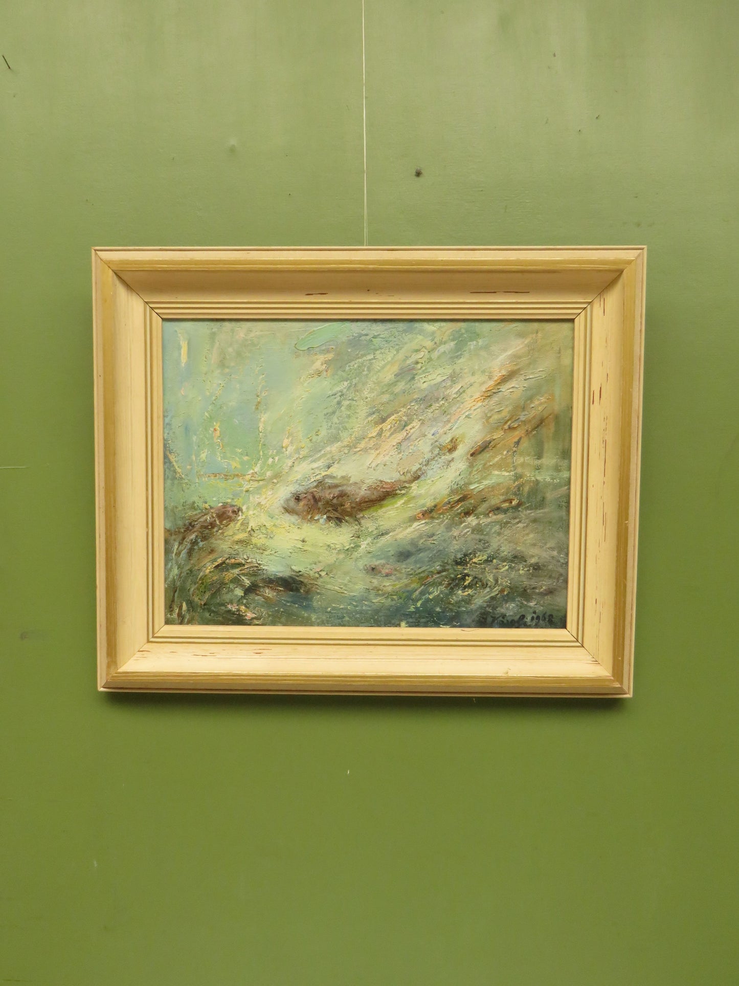 Framed oil on Board 'Fish' by Karolyi, signed and dated 1968