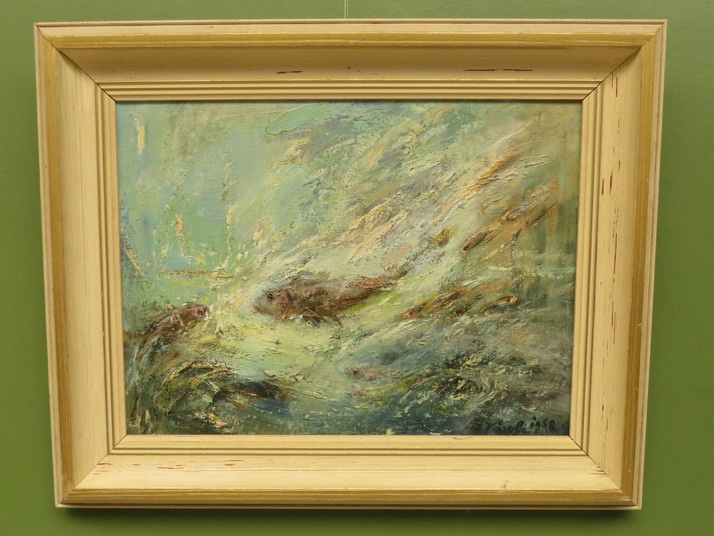 Framed oil on Board 'Fish' by Karolyi, signed and dated 1968