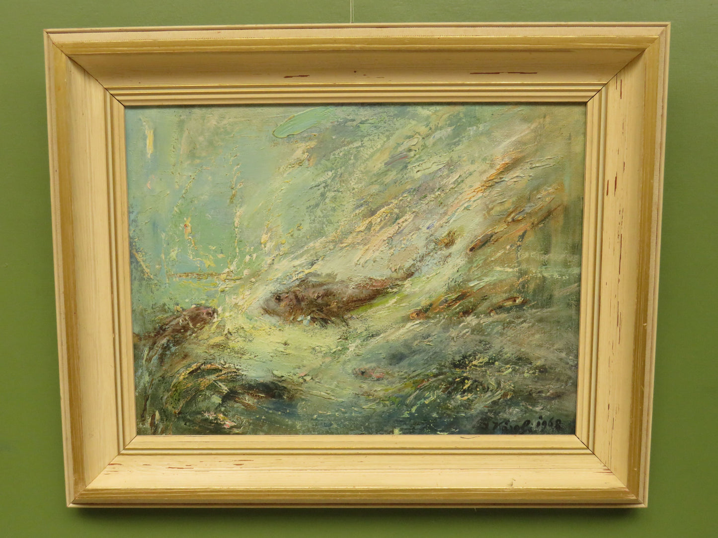 Framed oil on Board 'Fish' by Karolyi, signed and dated 1968