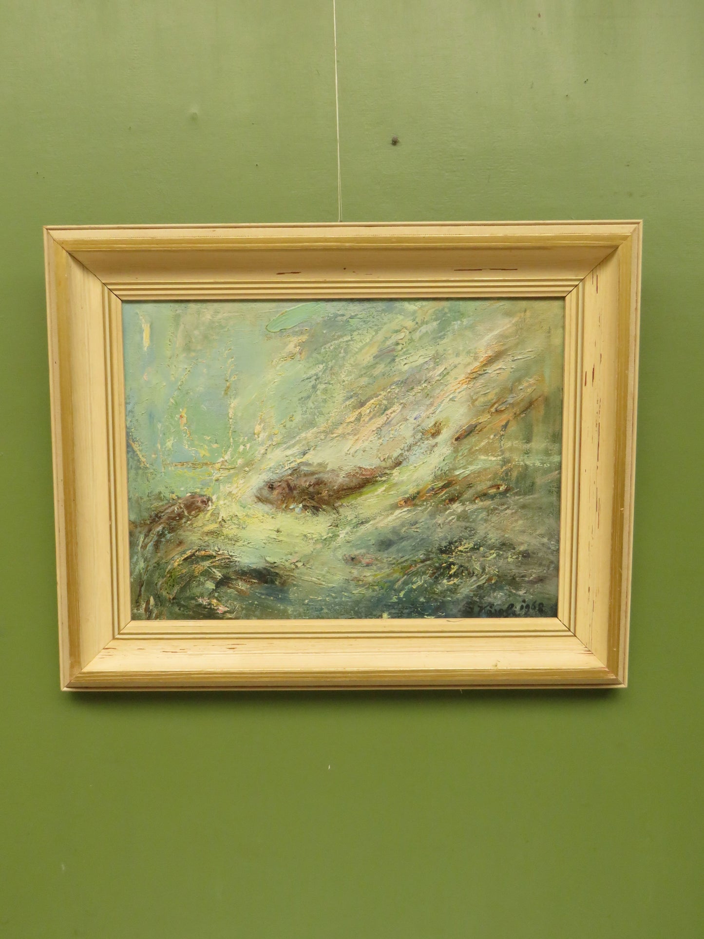 Framed oil on Board 'Fish' by Karolyi, signed and dated 1968