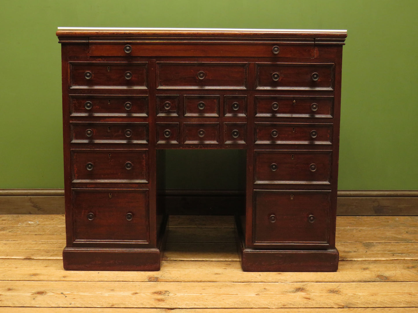 Victorian Mahogany Dentists Kneehole Work Chest With Opaque Glass Top