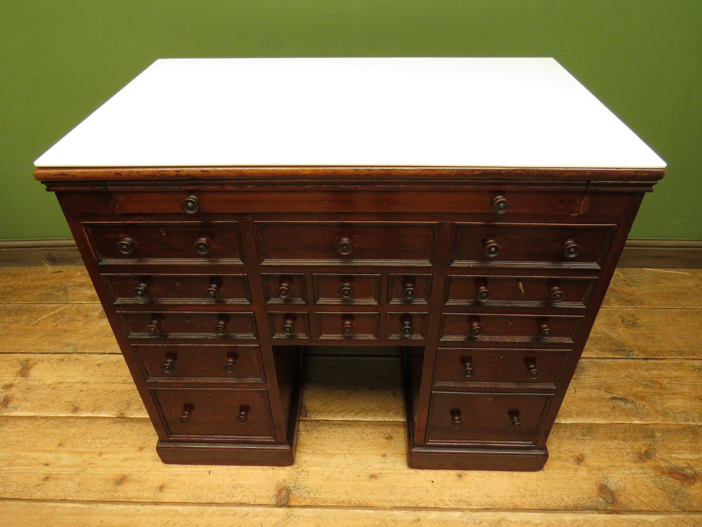 Victorian Mahogany Dentists Kneehole Work Chest With Opaque Glass Top