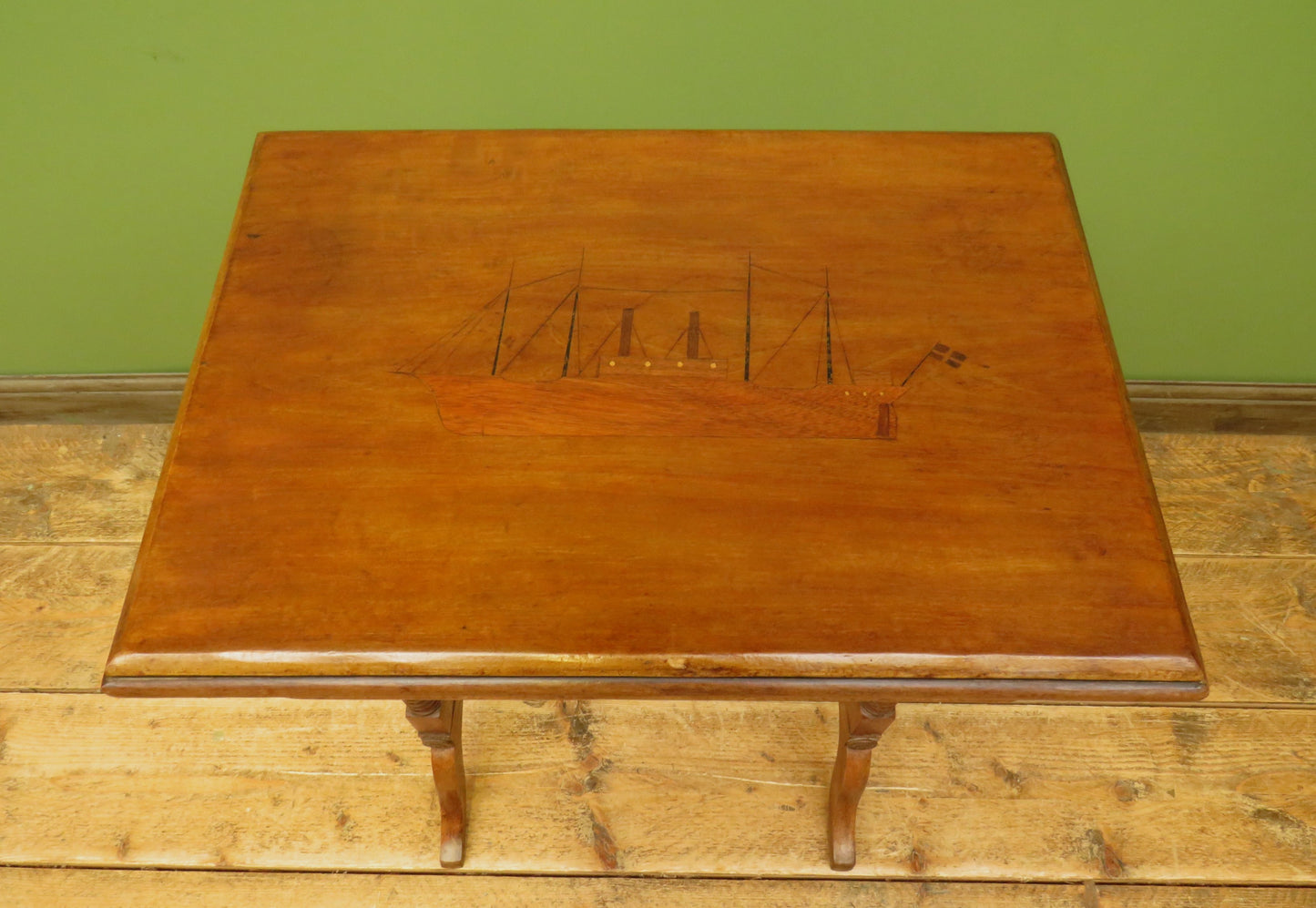 Trinity House Style Work Table with Inlaid Ship & signature H.Larsen, 1911