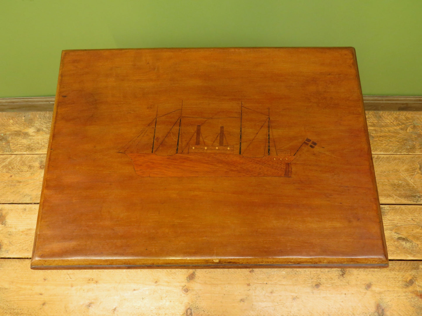 Trinity House Style Work Table with Inlaid Ship & signature H.Larsen, 1911