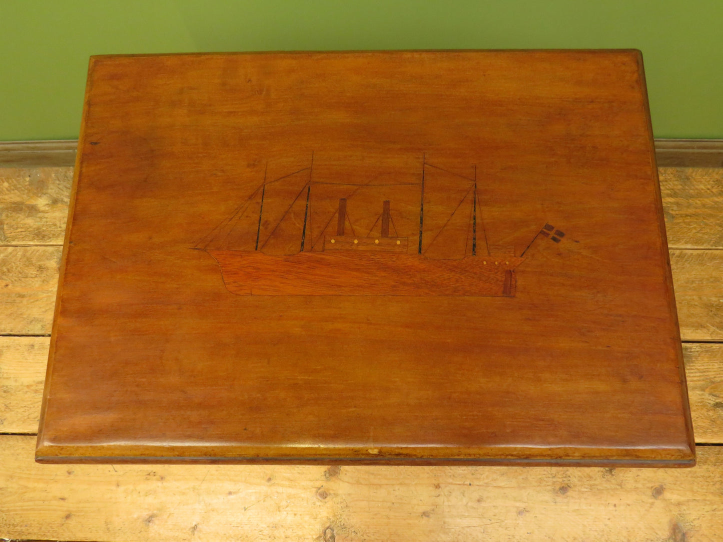 Trinity House Style Work Table with Inlaid Ship & signature H.Larsen, 1911