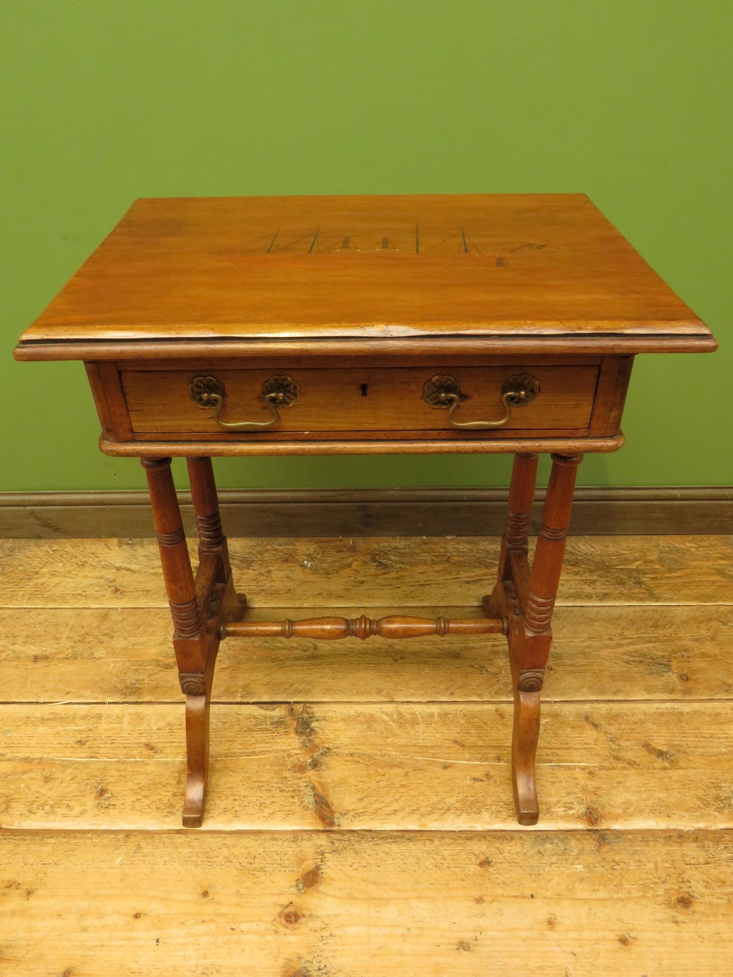 Trinity House Style Work Table with Inlaid Ship & signature H.Larsen, 1911