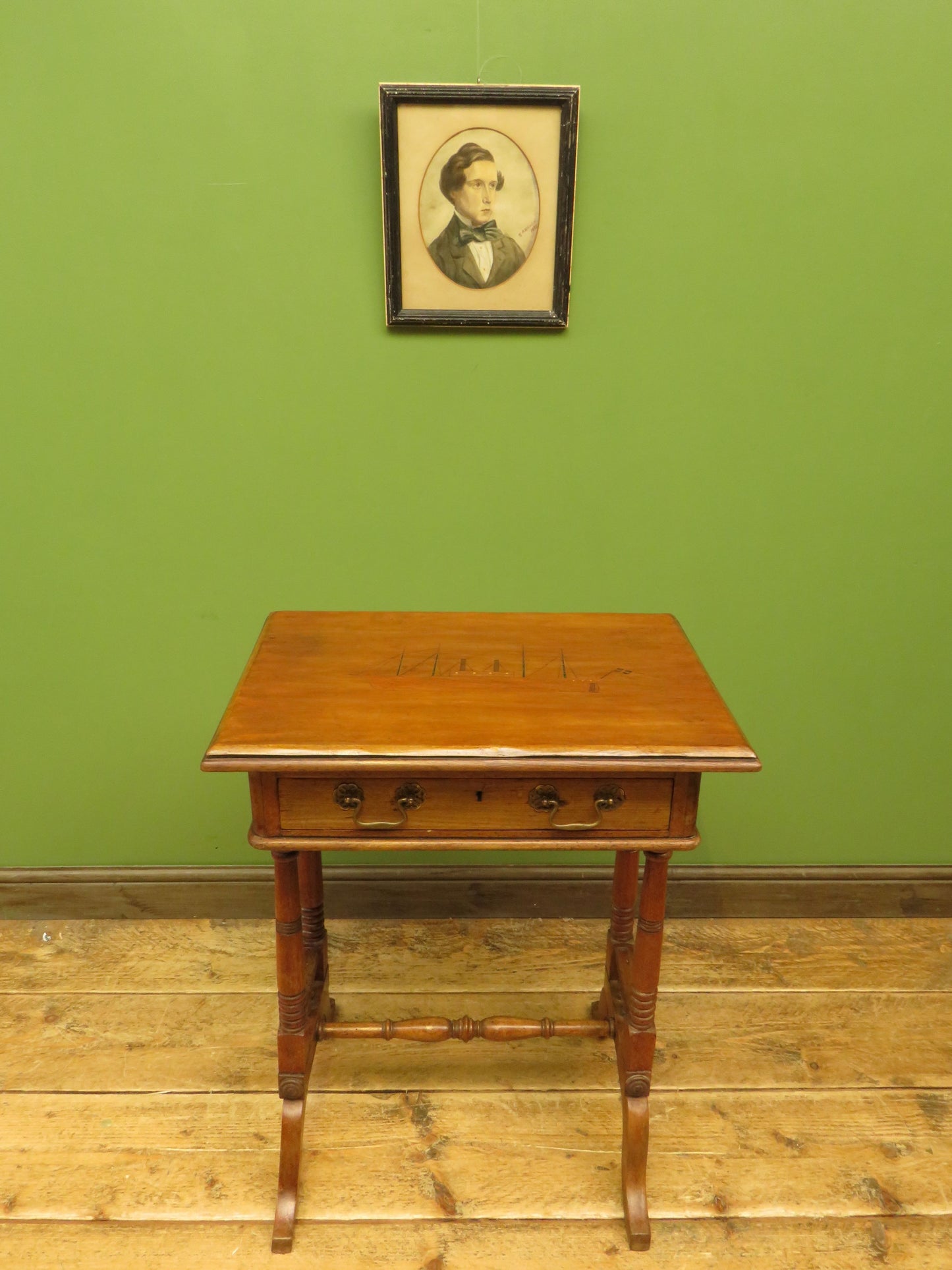 Trinity House Style Work Table with Inlaid Ship & signature H.Larsen, 1911