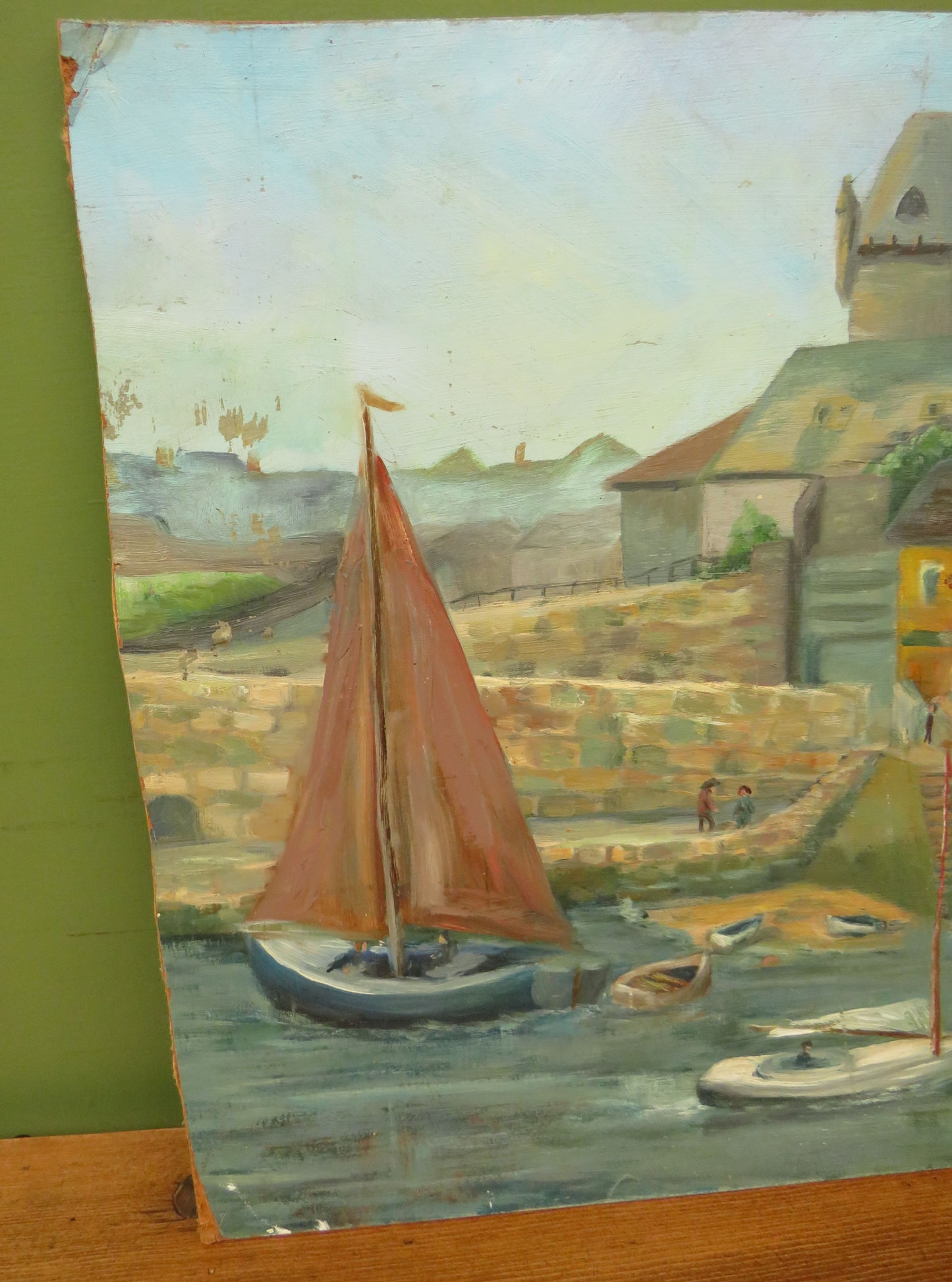 Vintage Naive Acrylic on Board of Boats and Harbour