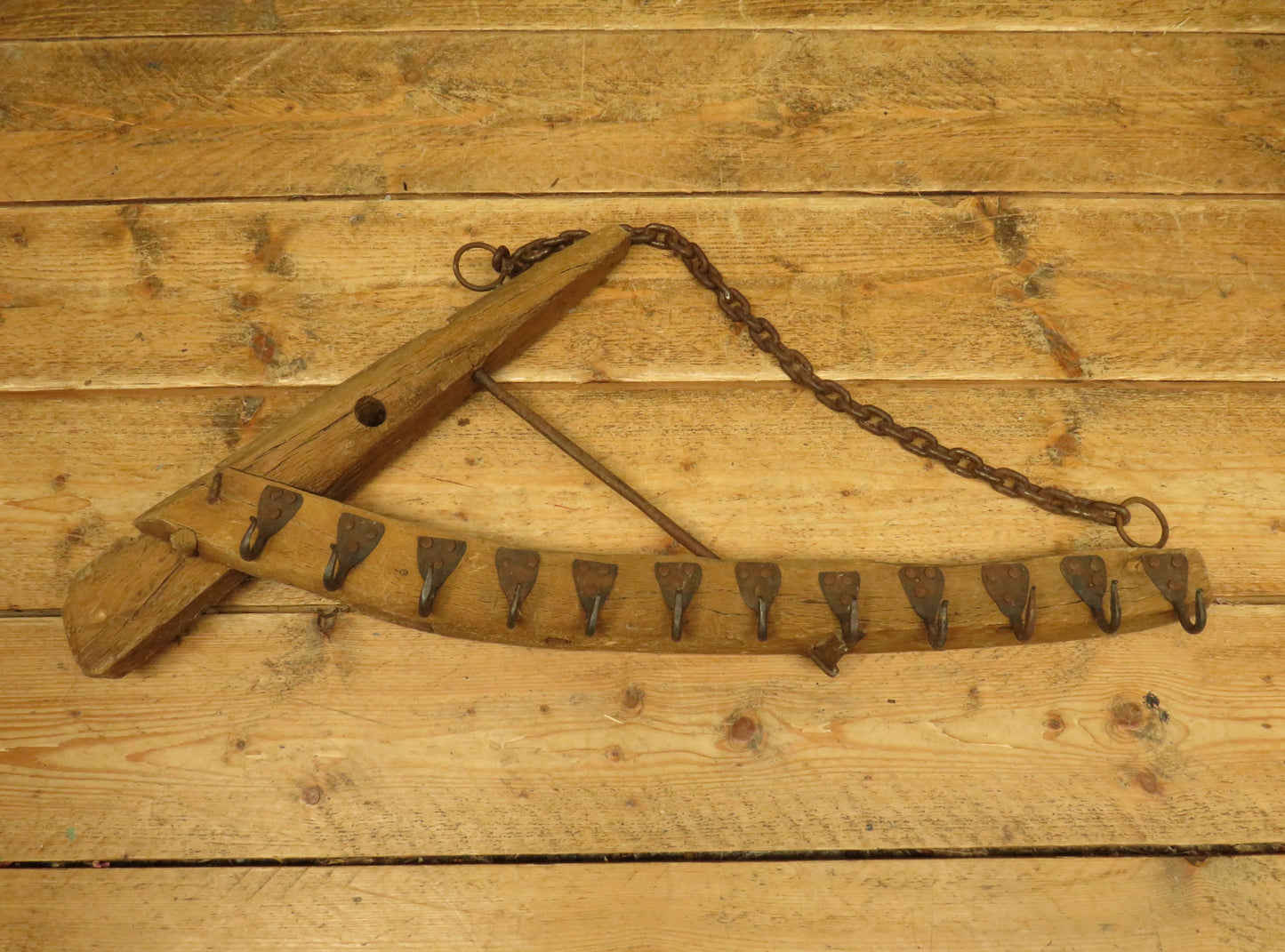 Rustic Primitive Wooden Farming Thingamabob with Hooks