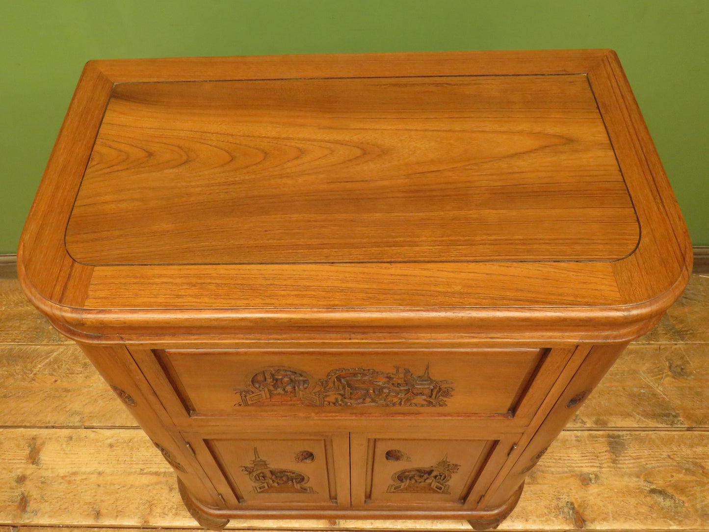 Oriental Hardwood Cocktail Cabinet with Bow Front & Carvings