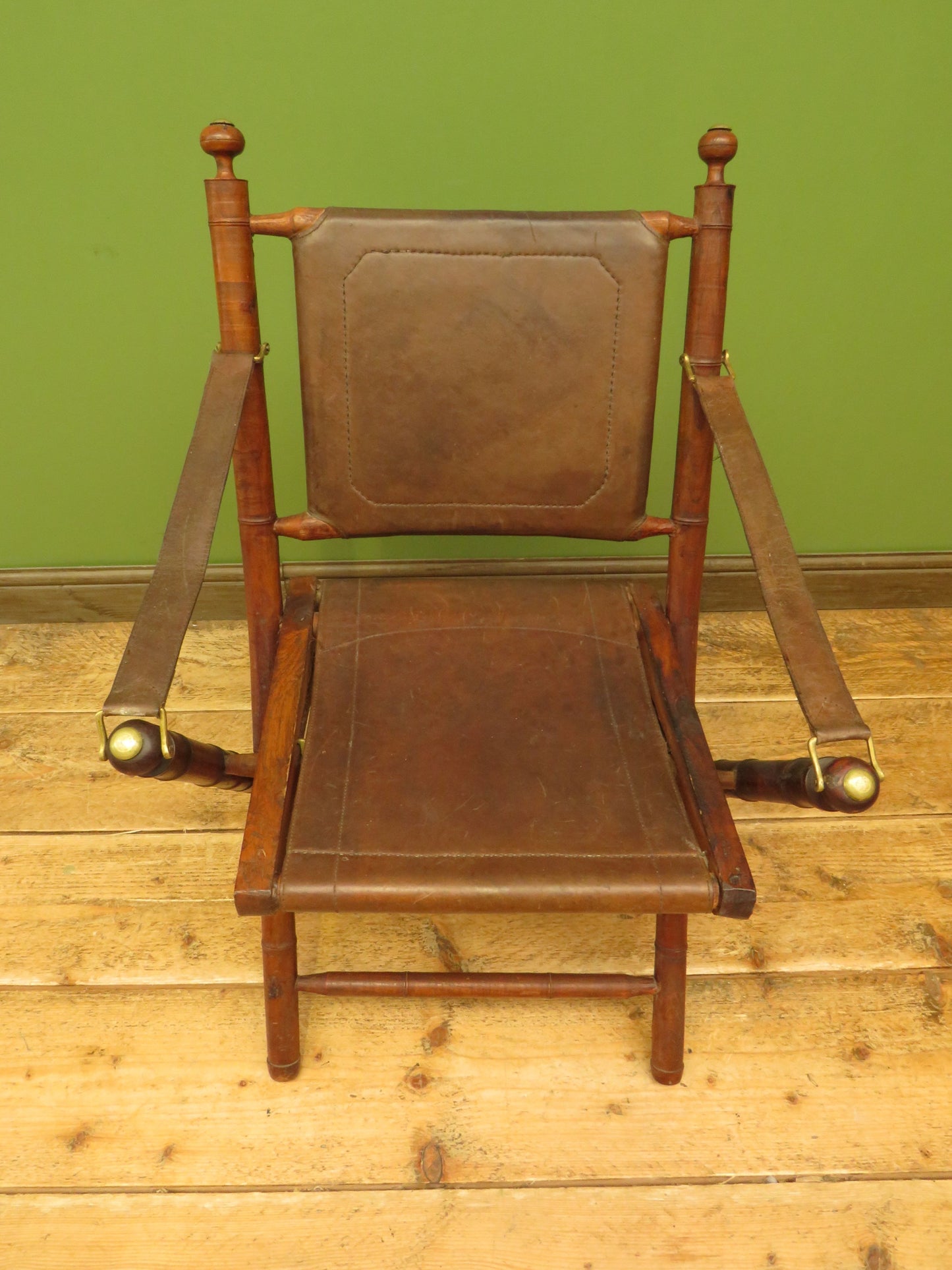 Antique Leather and Faux Bamboo Officers Campaign Chair