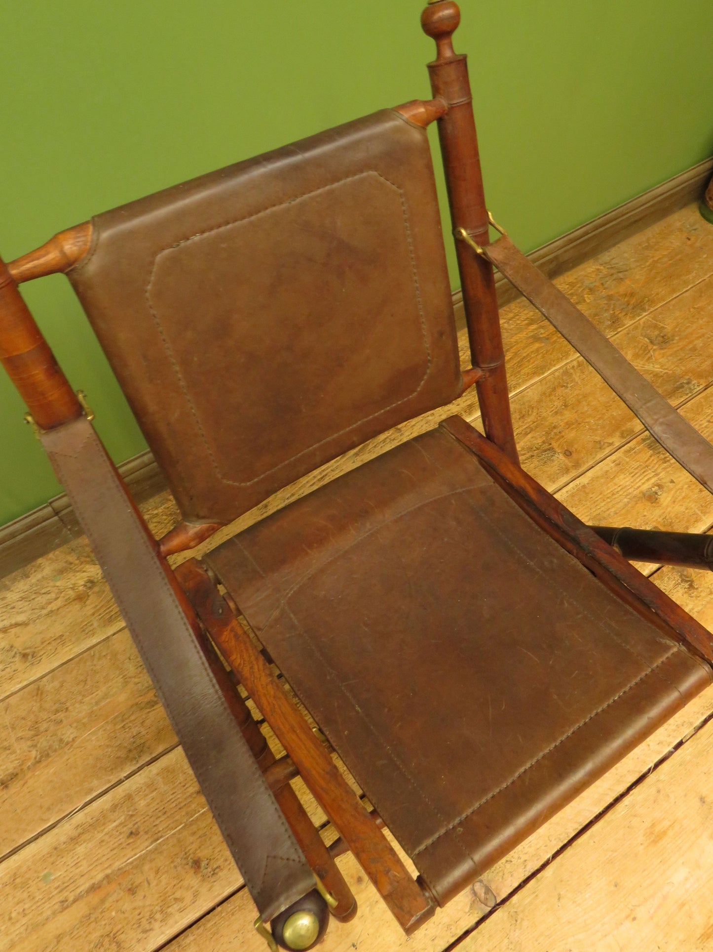 Antique Leather and Faux Bamboo Officers Campaign Chair