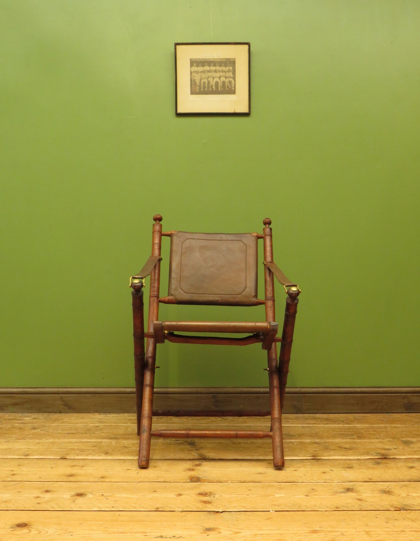 Antique Leather and Faux Bamboo Officers Campaign Chair