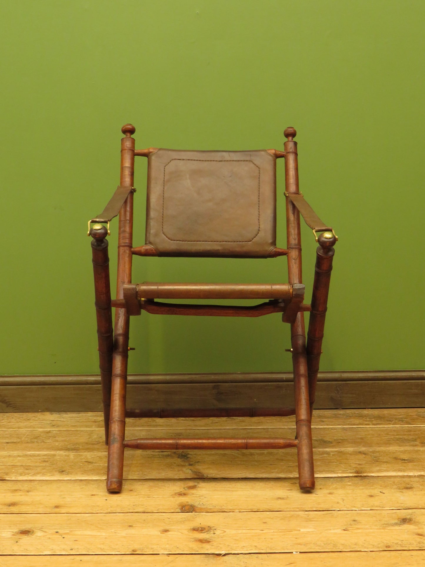 Antique Leather and Faux Bamboo Officers Campaign Chair