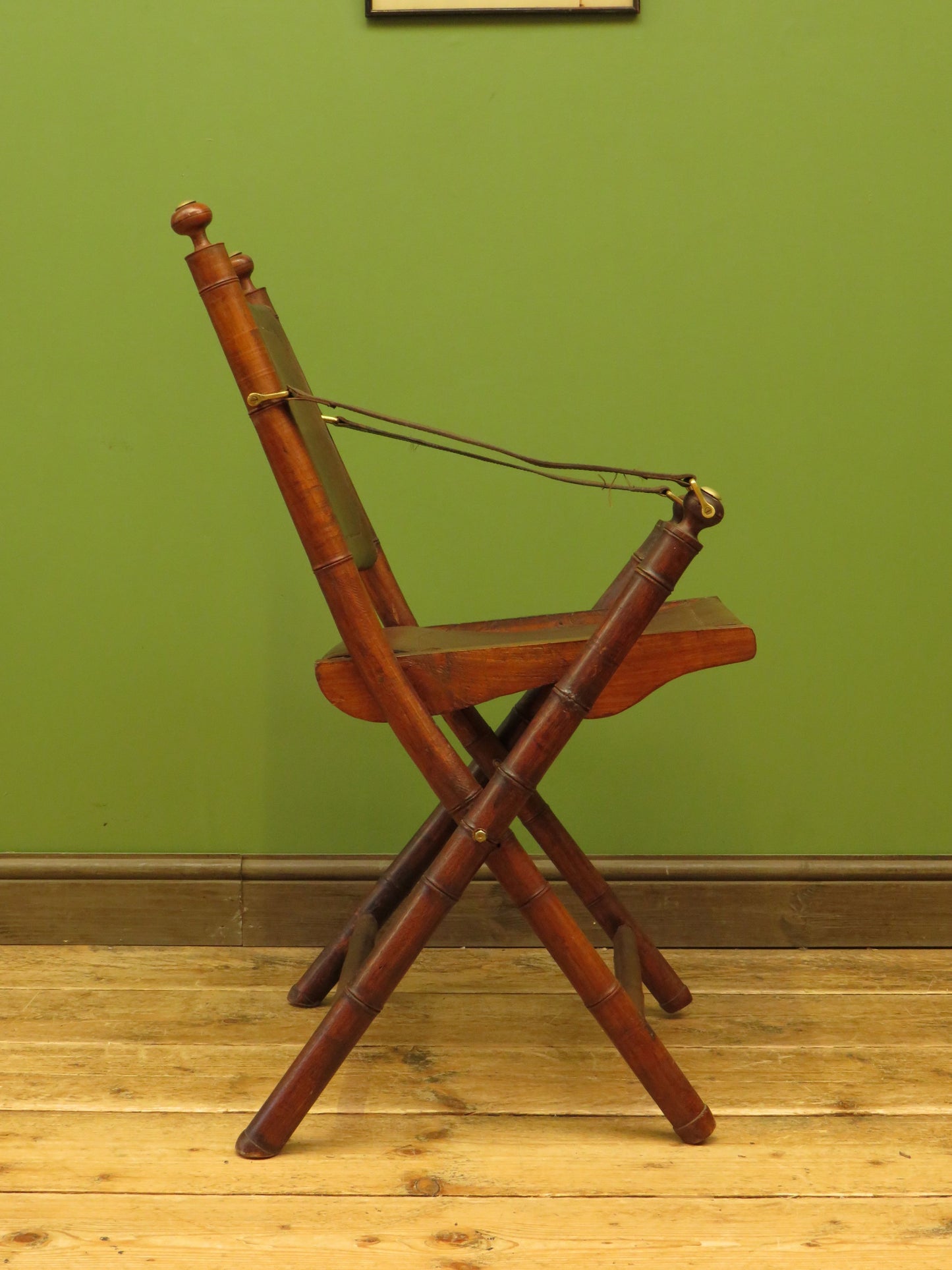 Antique Leather and Faux Bamboo Officers Campaign Chair