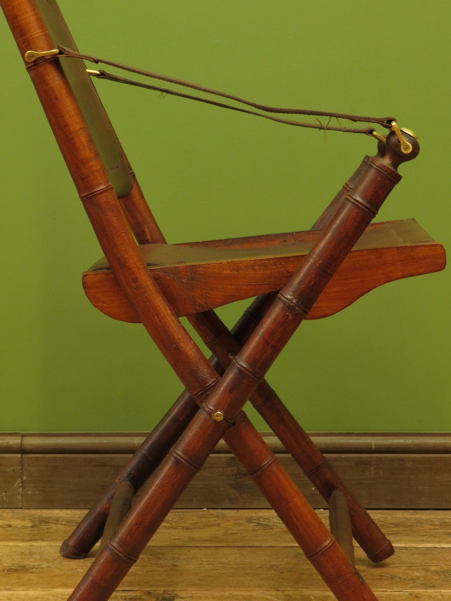 Antique Leather and Faux Bamboo Officers Campaign Chair