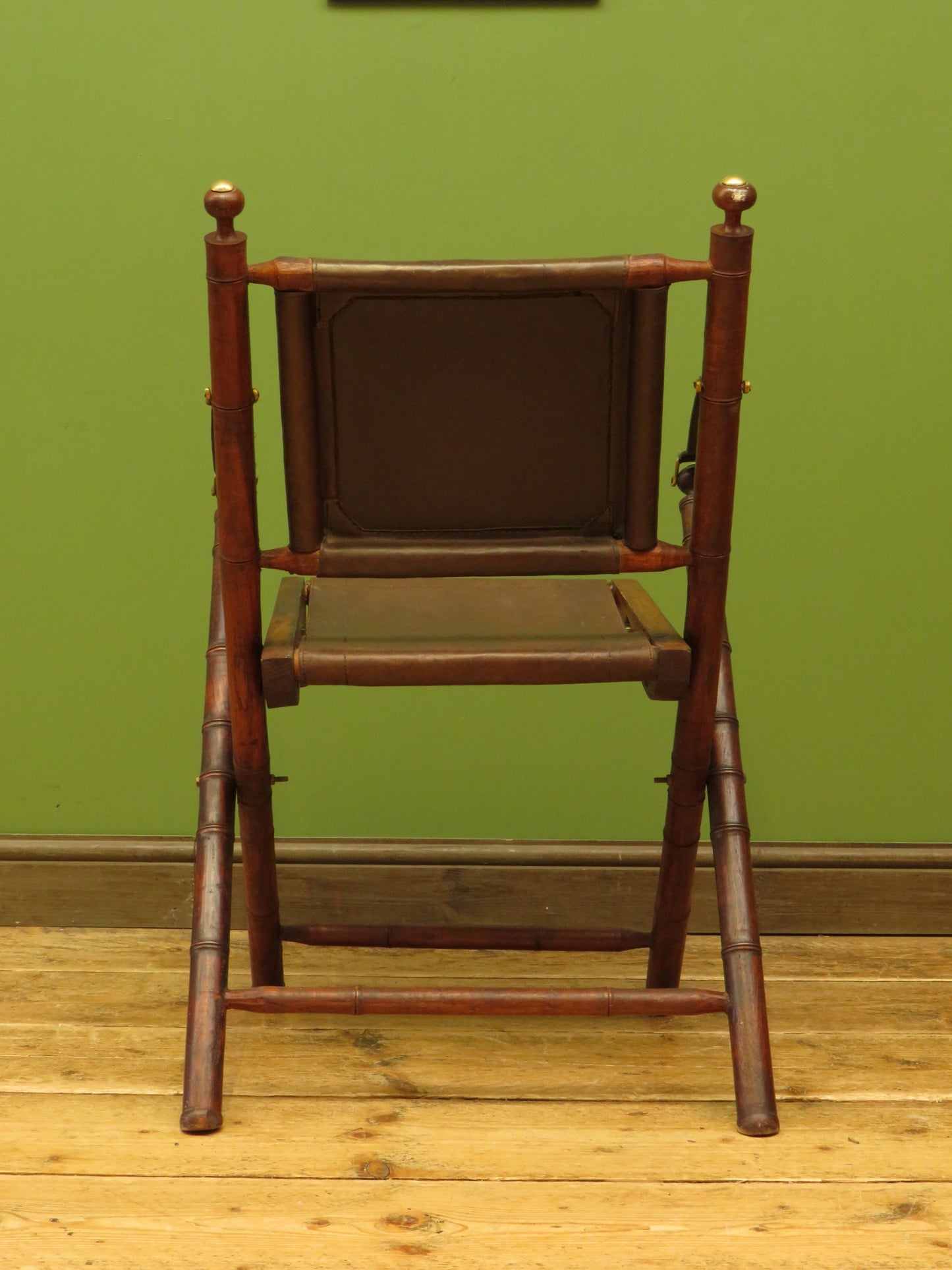 Antique Leather and Faux Bamboo Officers Campaign Chair