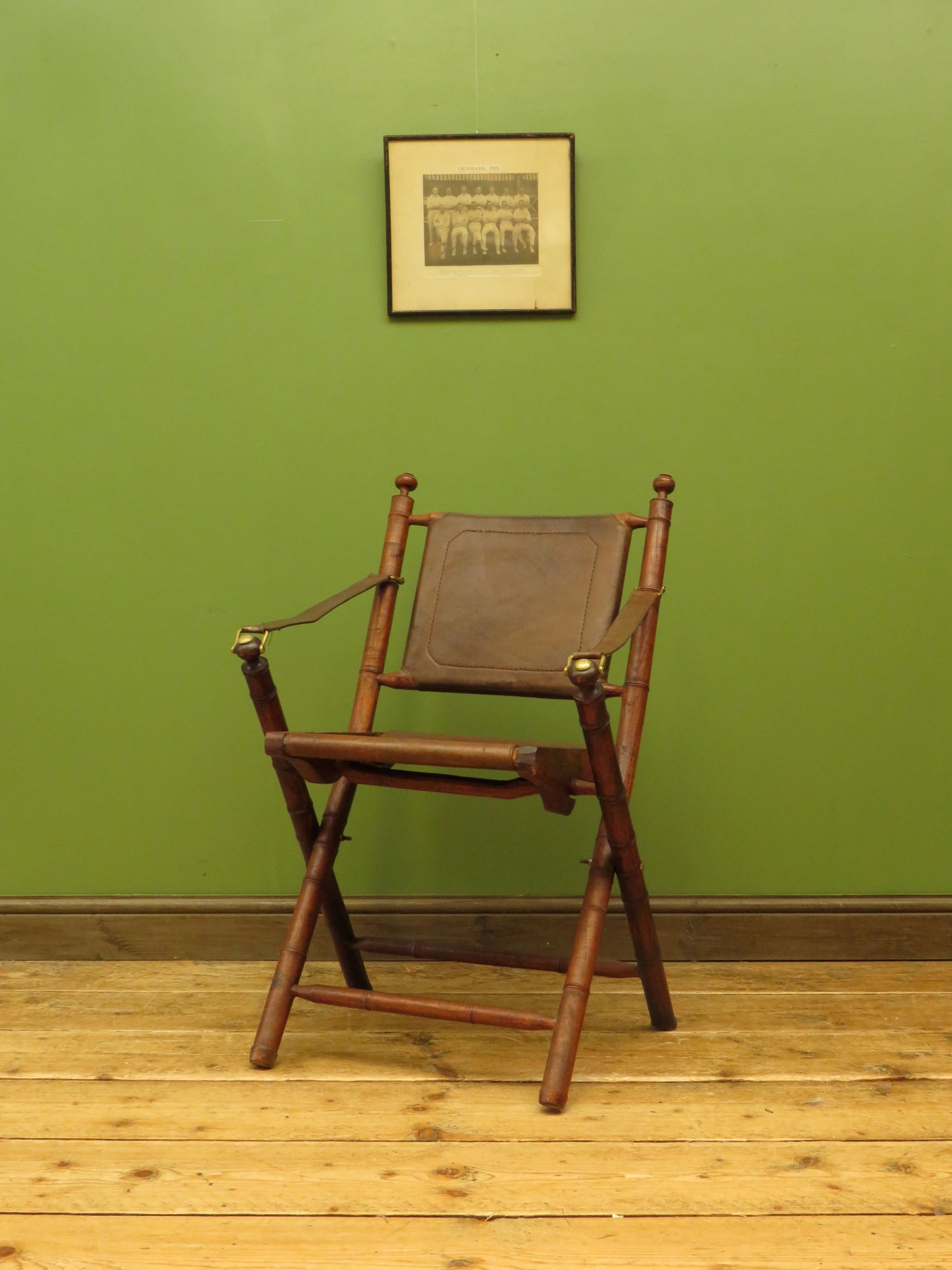 Antique Leather and Faux Bamboo Officers Campaign Chair