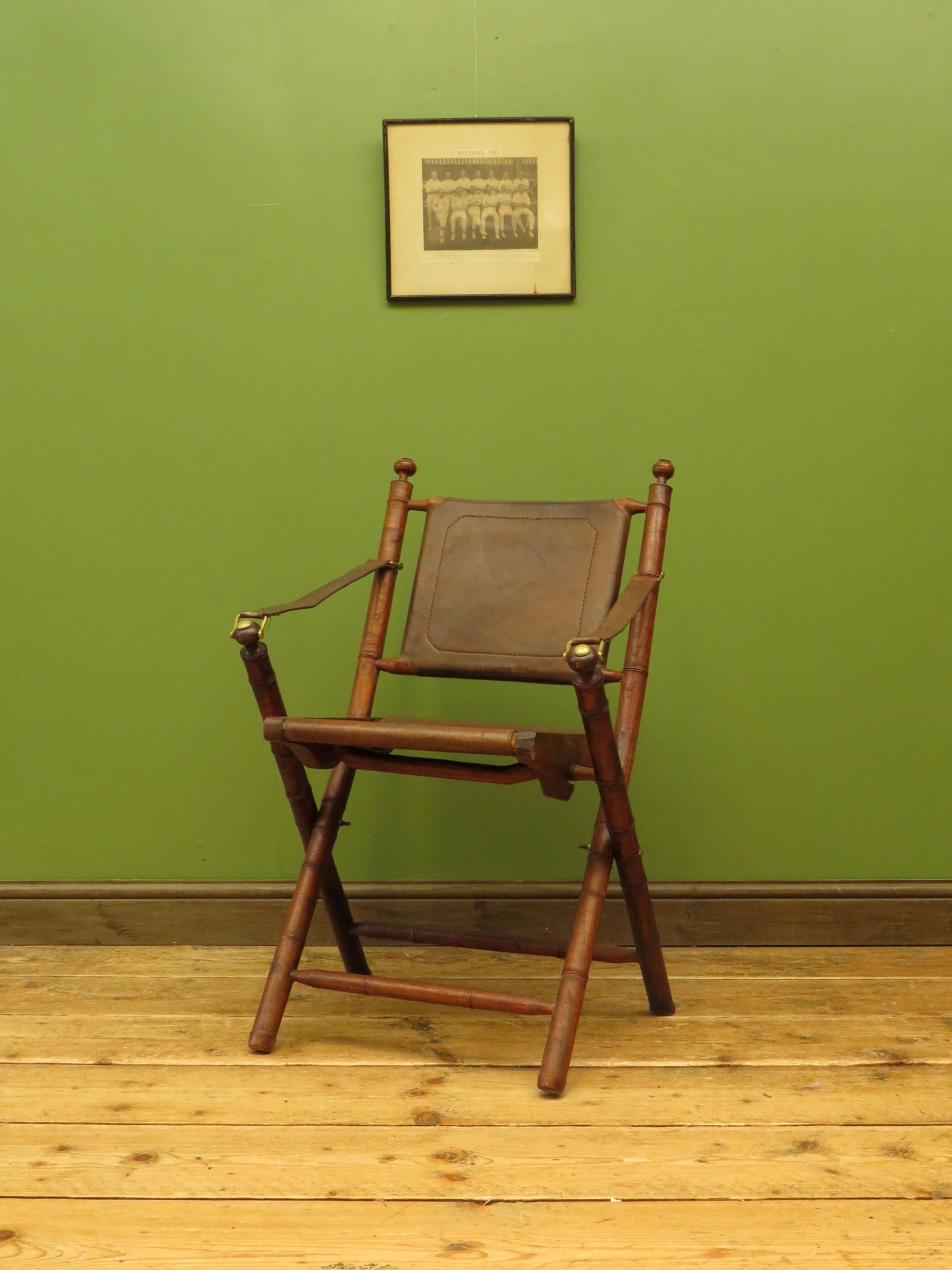Antique Leather and Faux Bamboo Officers Campaign Chair