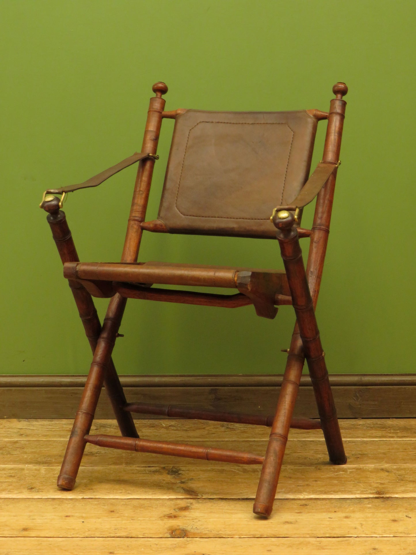 Antique Leather and Faux Bamboo Officers Campaign Chair