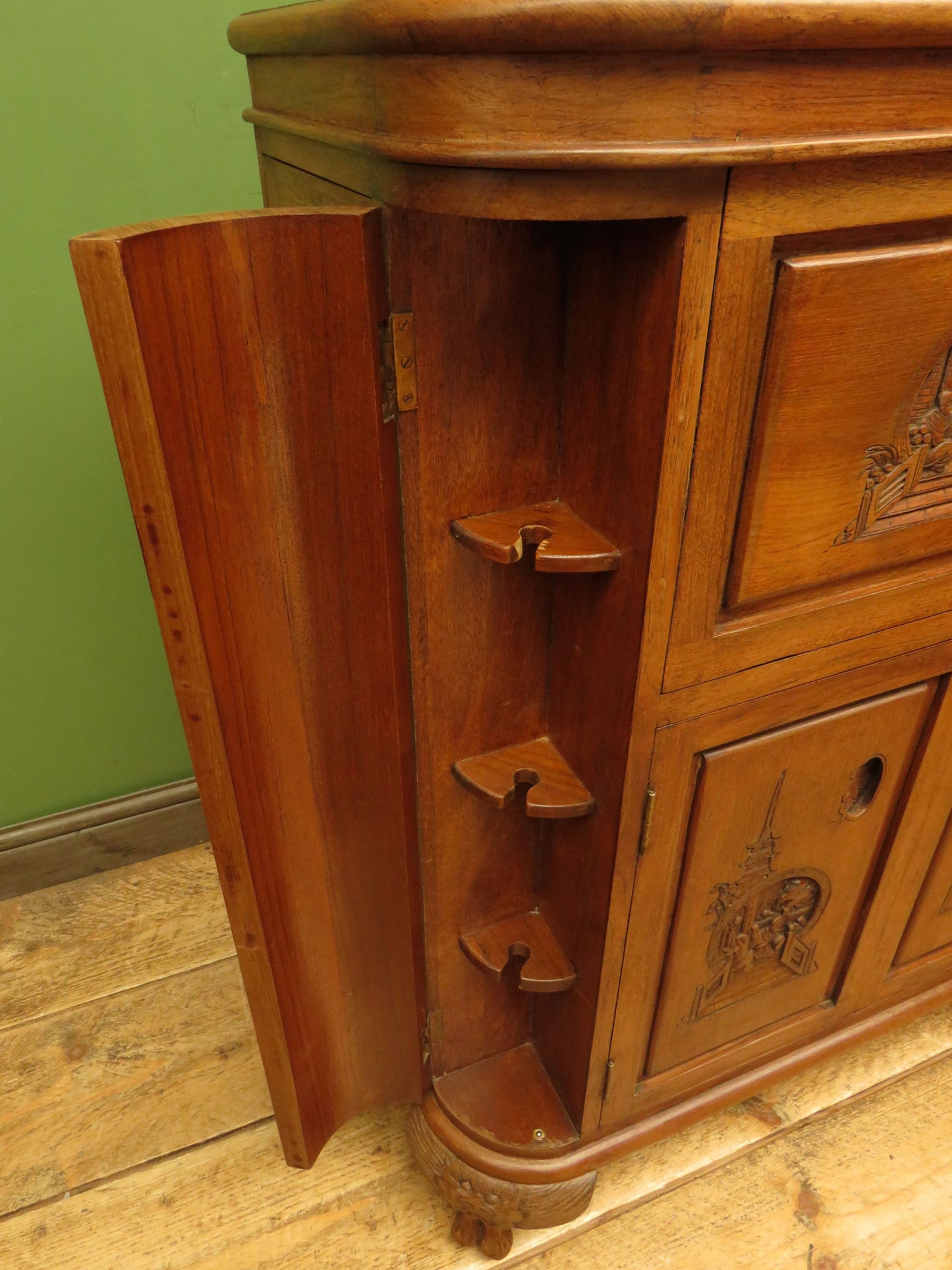 Oriental Hardwood Cocktail Cabinet with Bow Front & Carvings