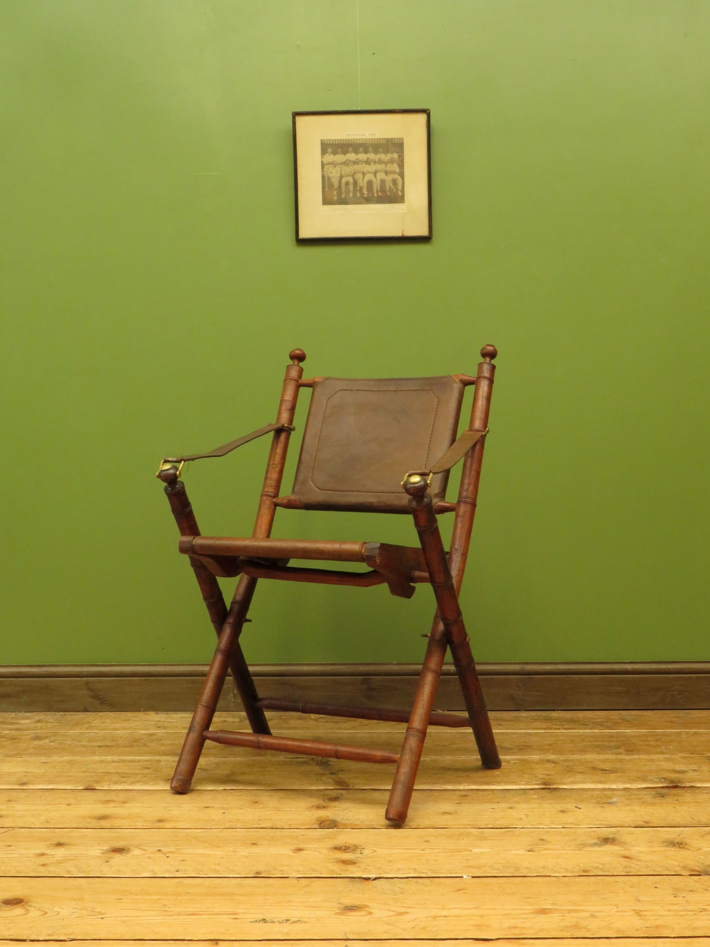 Antique Leather and Faux Bamboo Officers Campaign Chair