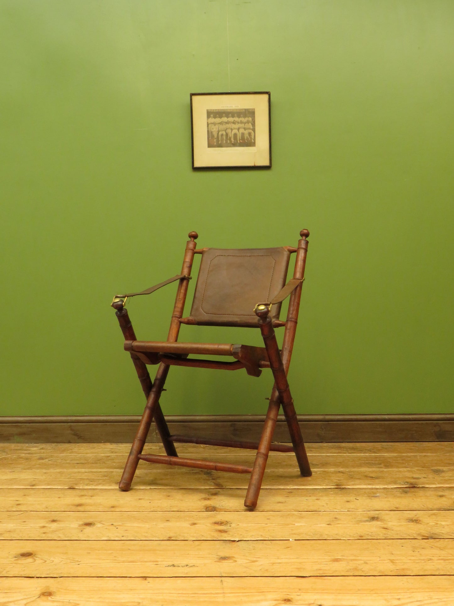 Antique Leather and Faux Bamboo Officers Campaign Chair