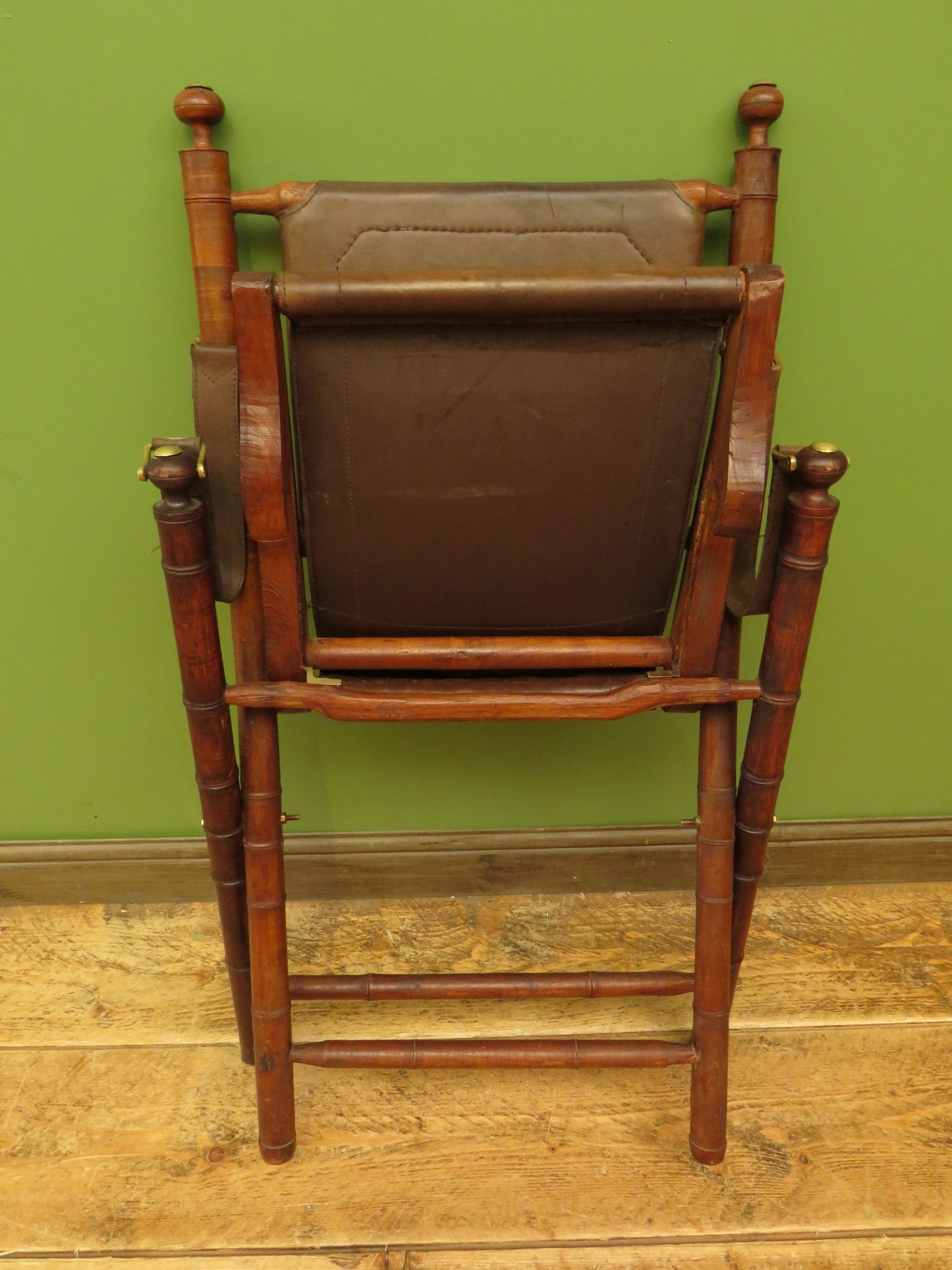 Antique Leather and Faux Bamboo Officers Campaign Chair