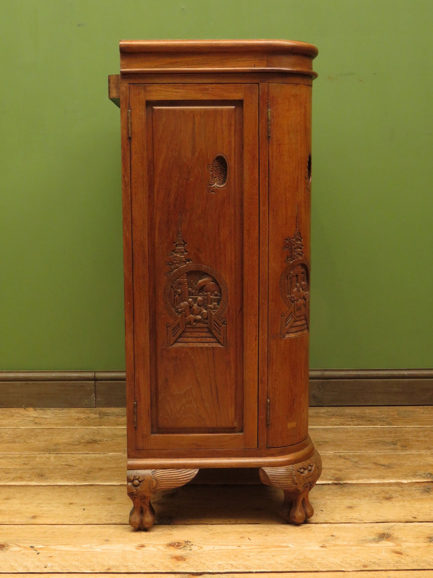 Oriental Hardwood Cocktail Cabinet with Bow Front & Carvings