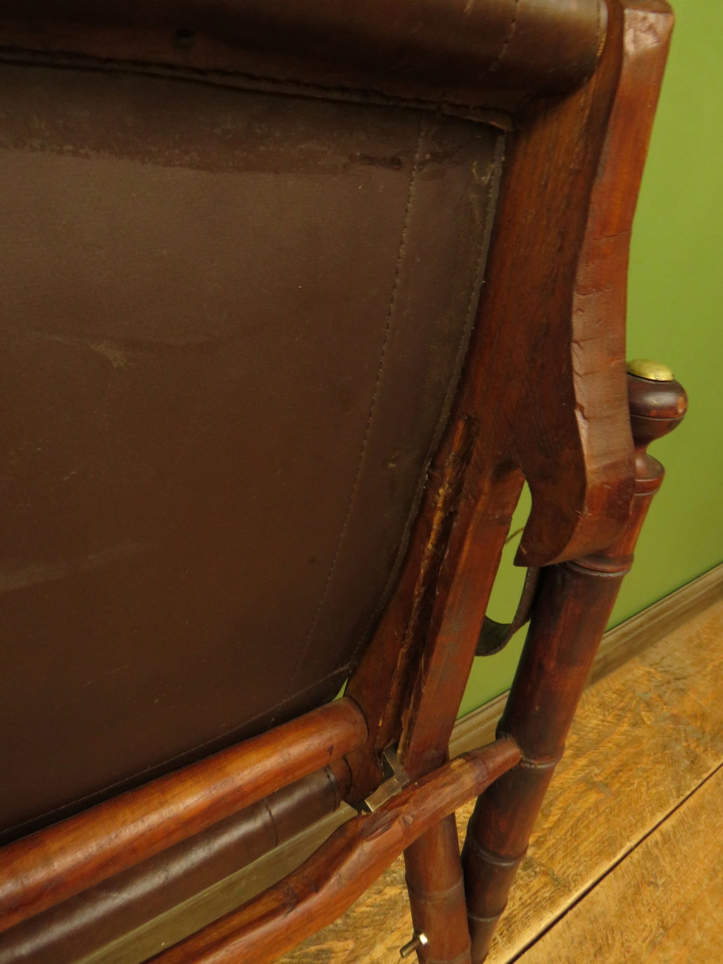 Antique Leather and Faux Bamboo Officers Campaign Chair