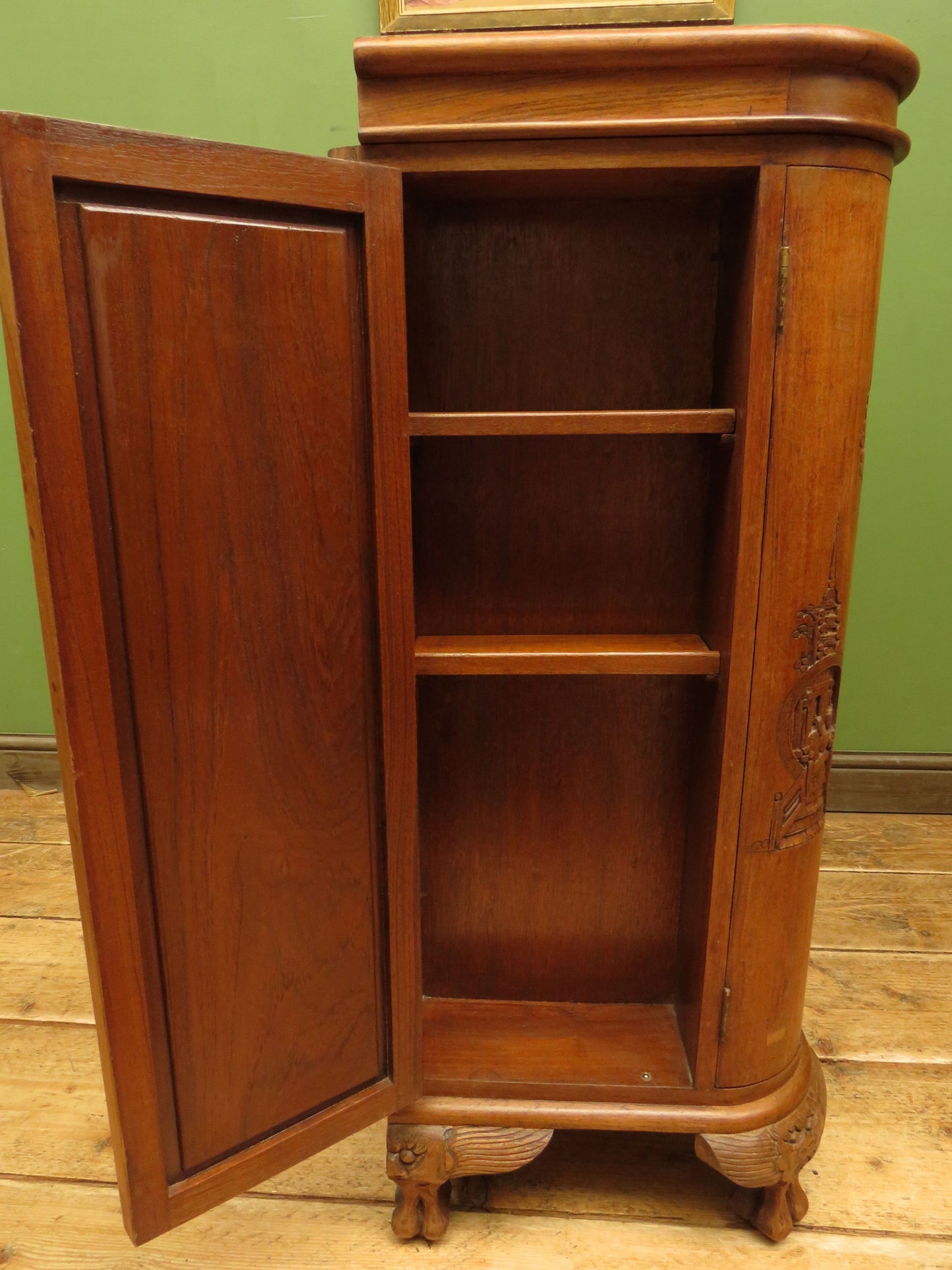 Oriental Hardwood Cocktail Cabinet with Bow Front & Carvings