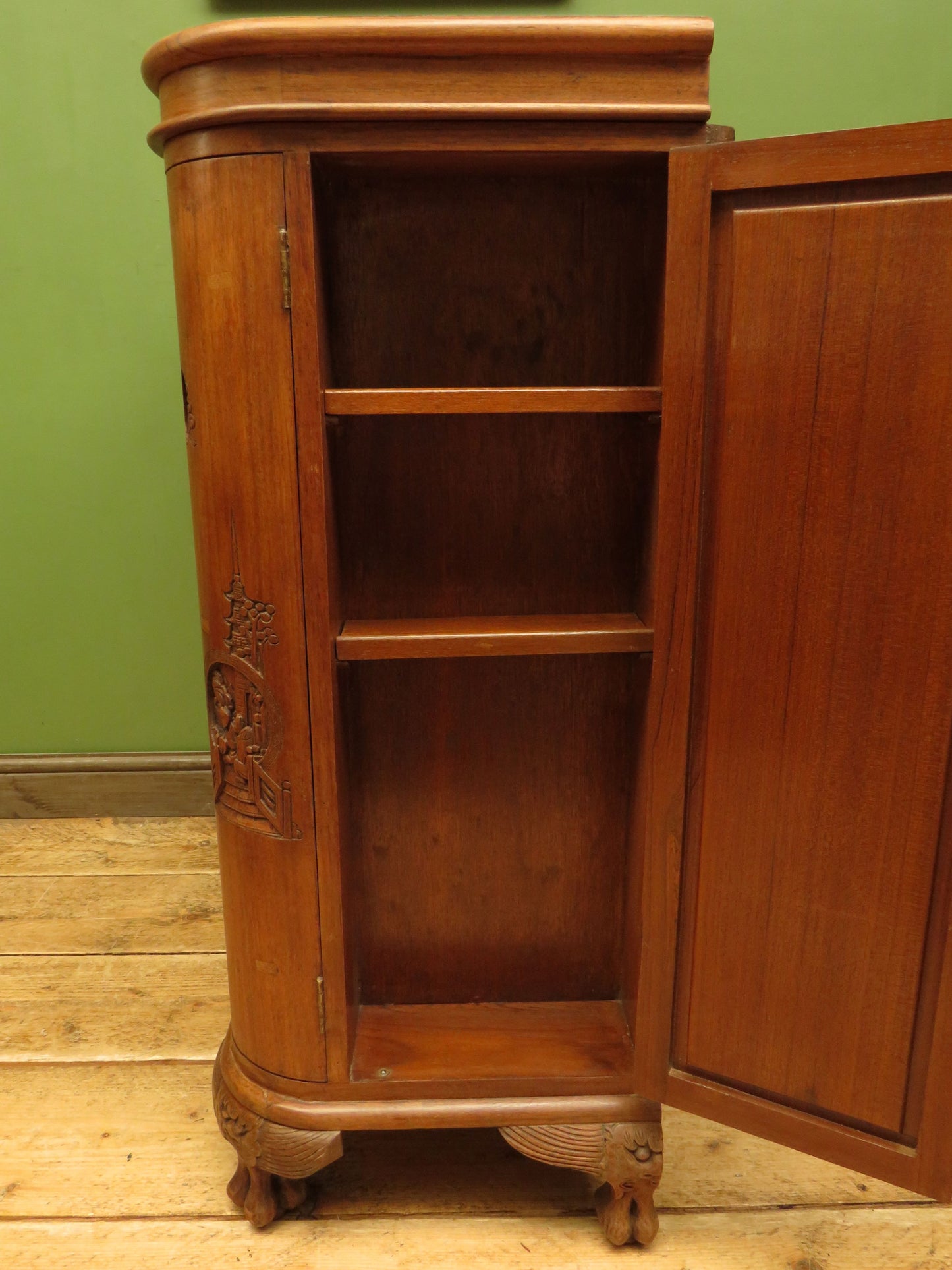 Oriental Hardwood Cocktail Cabinet with Bow Front & Carvings