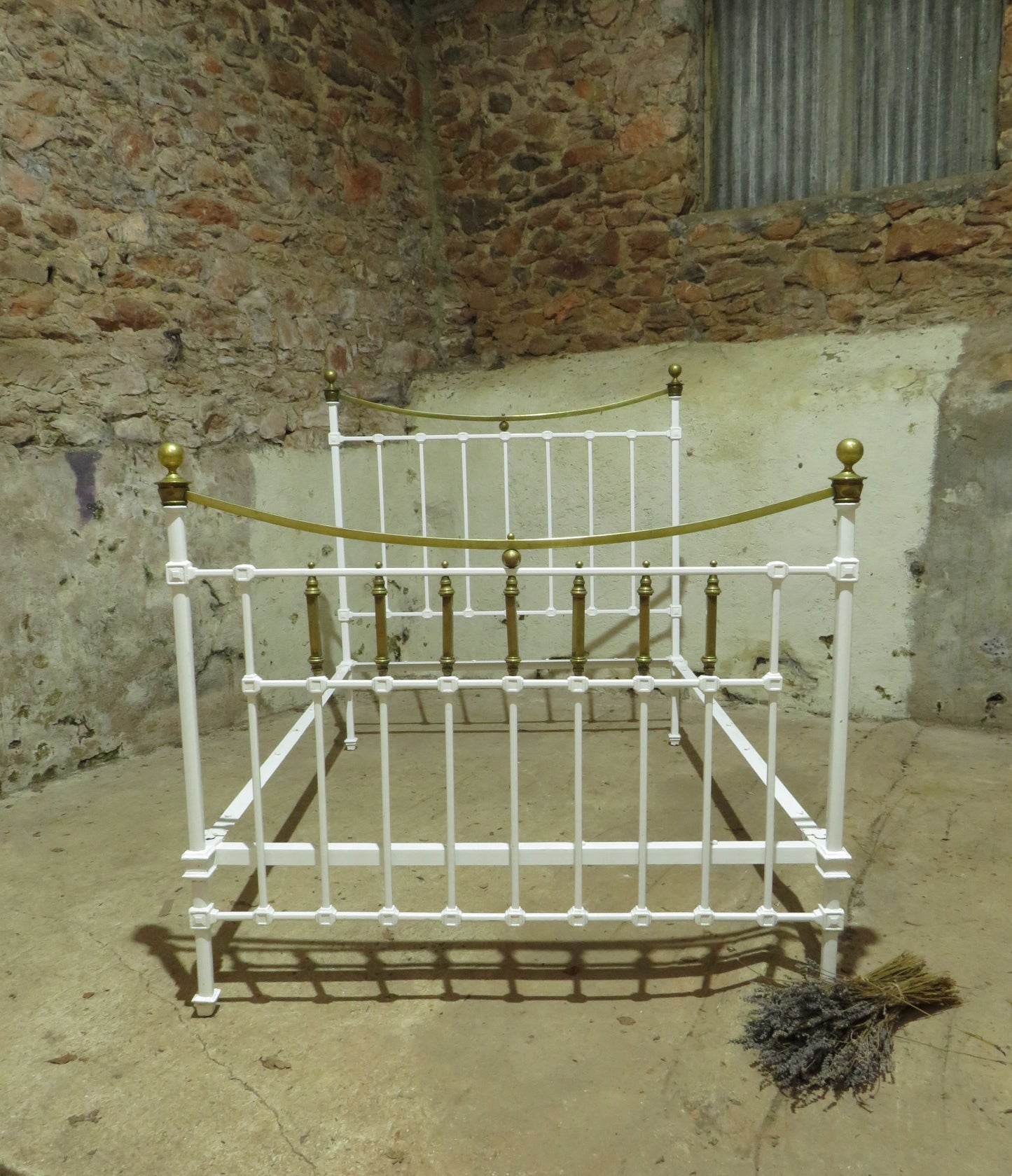 Antique French Enamelled Cast Iron and Brass Double Bed