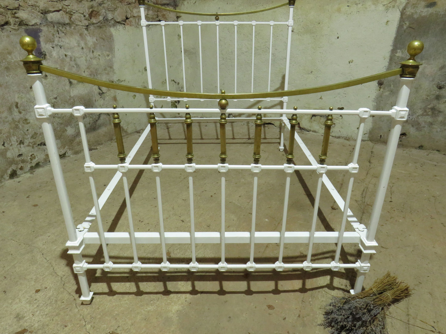 Antique French Enamelled Cast Iron and Brass Double Bed
