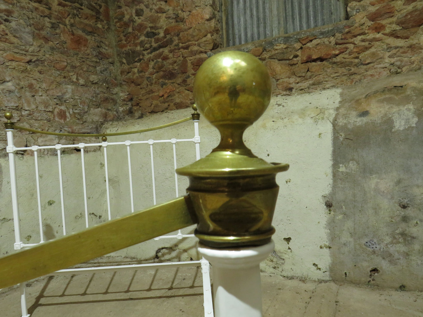 Antique French Enamelled Cast Iron and Brass Double Bed