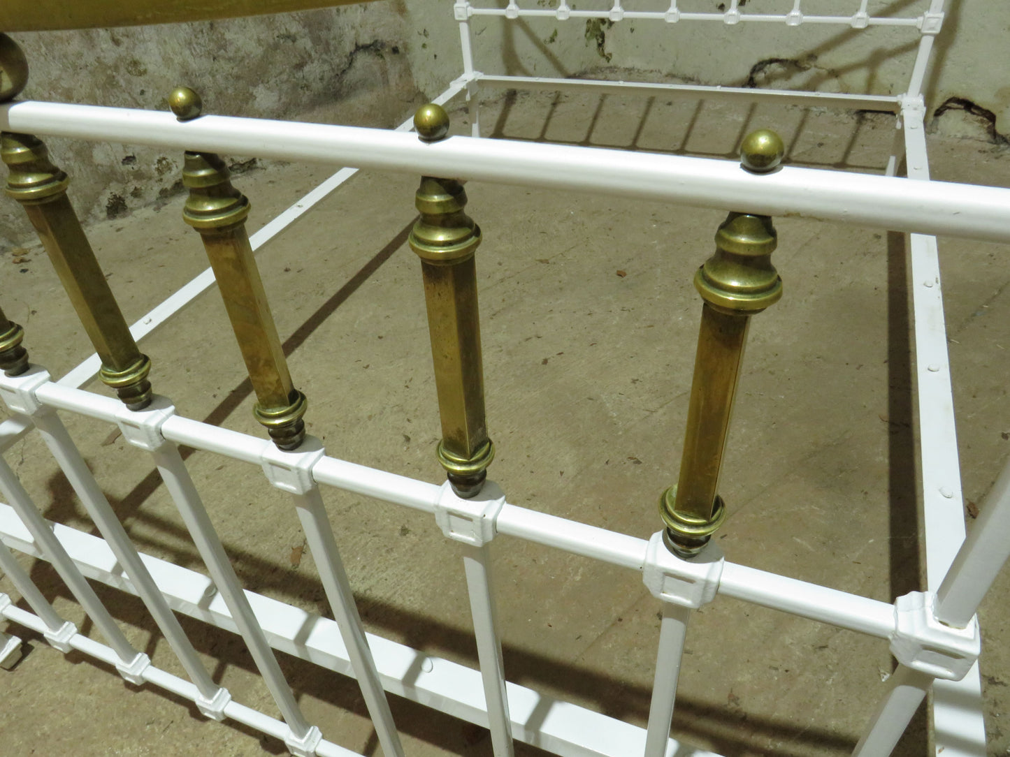 Antique French Enamelled Cast Iron and Brass Double Bed