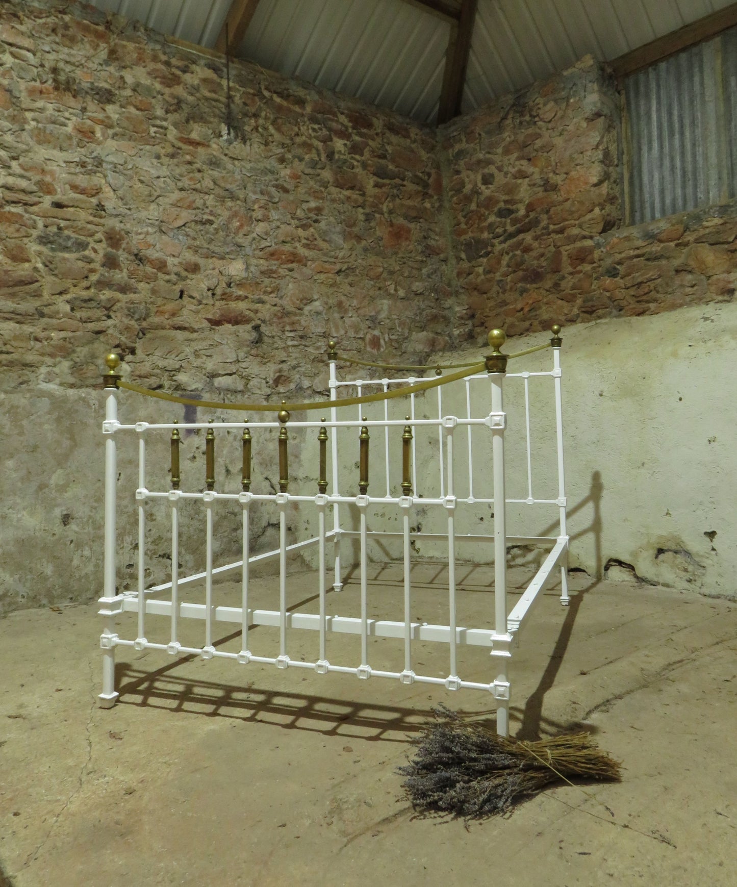 Antique French Enamelled Cast Iron and Brass Double Bed