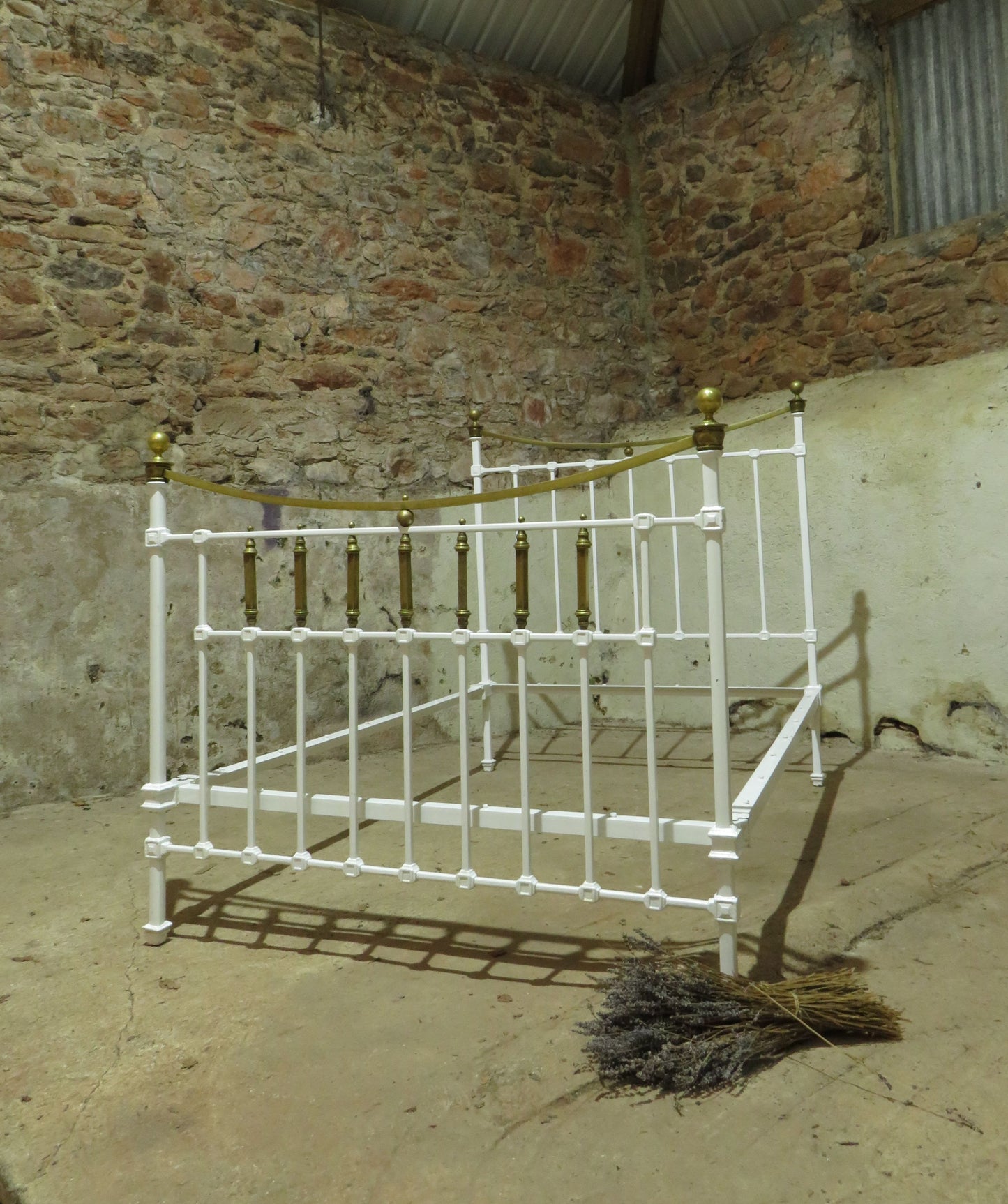 Antique French Enamelled Cast Iron and Brass Double Bed