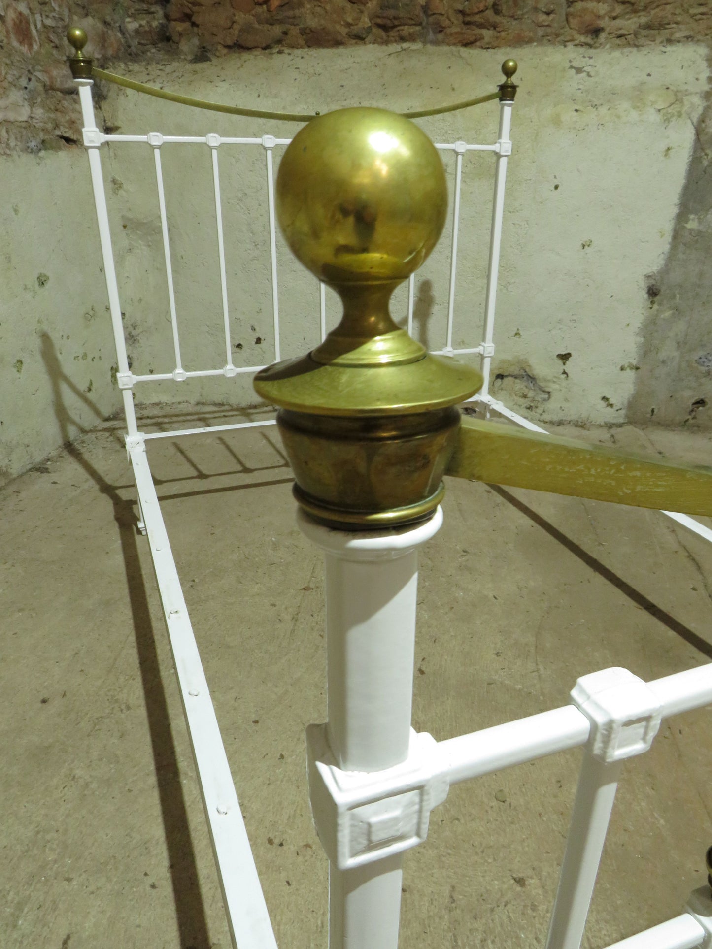 Antique French Enamelled Cast Iron and Brass Double Bed