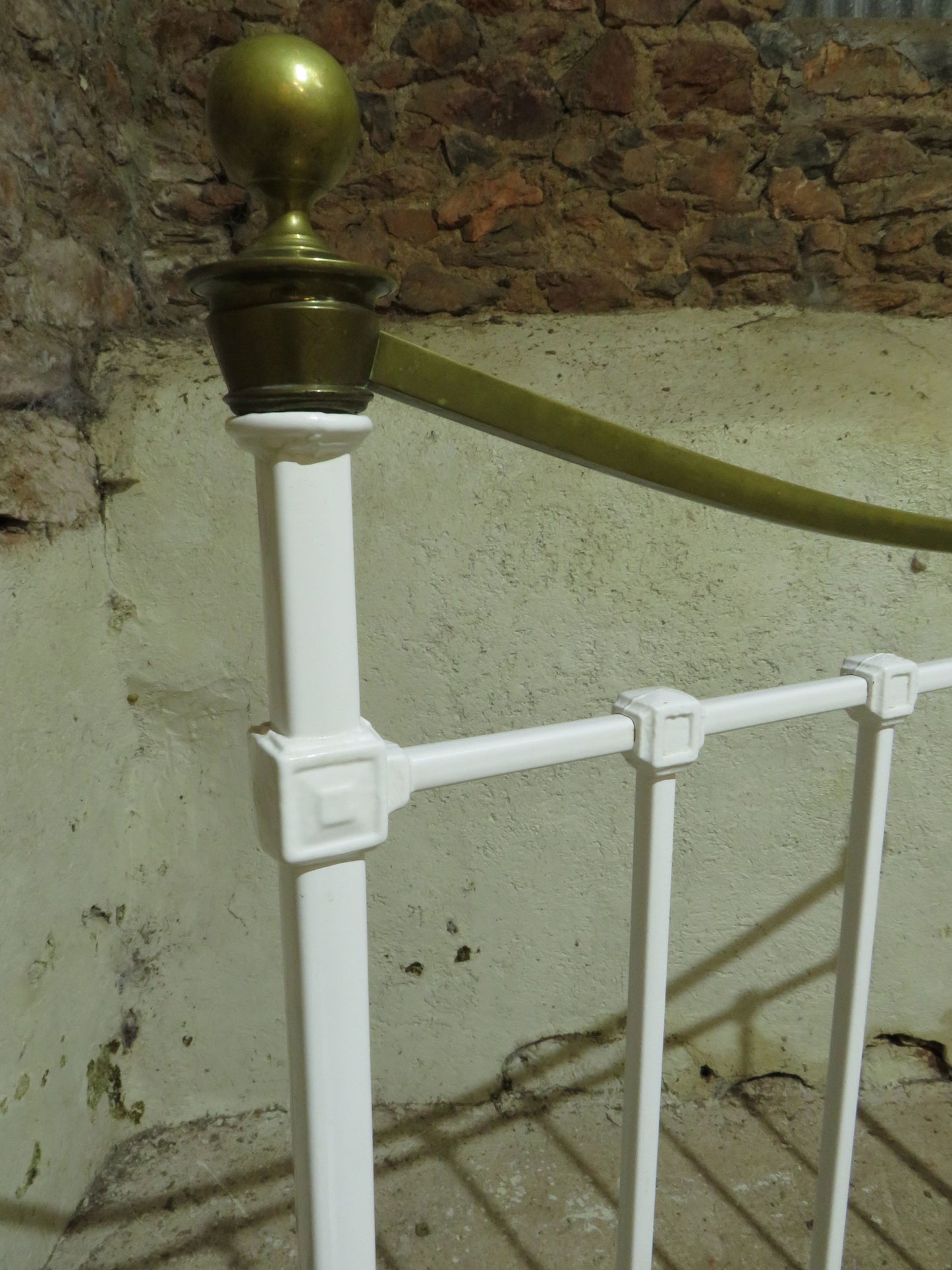 Antique French Enamelled Cast Iron and Brass Double Bed