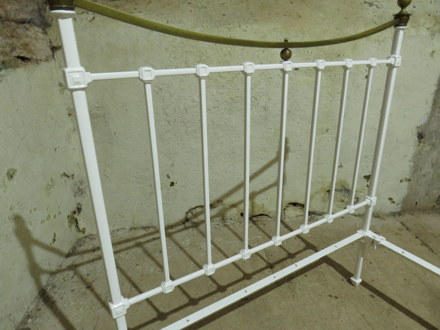 Antique French Enamelled Cast Iron and Brass Double Bed