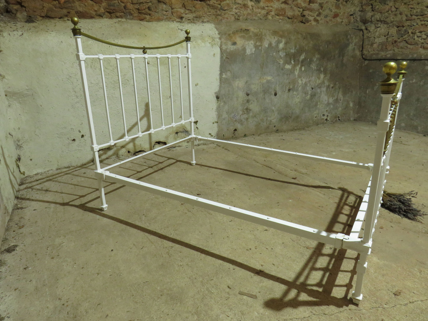 Antique French Enamelled Cast Iron and Brass Double Bed